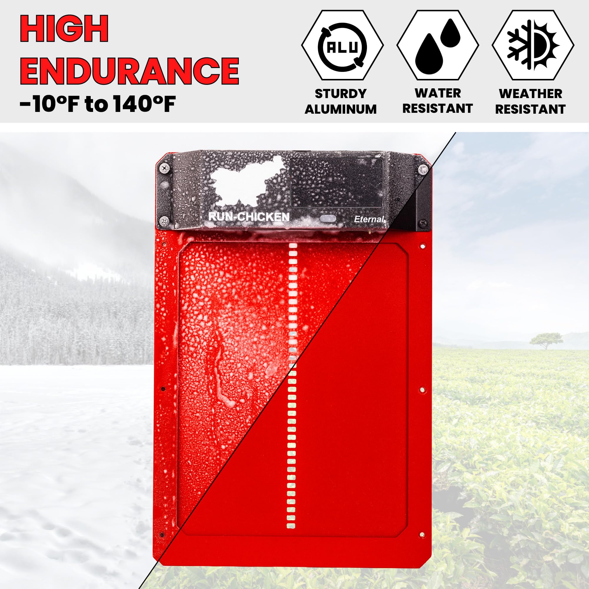 Solar Powered Automatic Chicken Coop Door with Timer & Light Sensor - RUN-CHICKEN Red Electric Poultry Door for Secure Coop Access | Perfect for Backyard Farms, Homesteads & Free-Range Chicken Coops