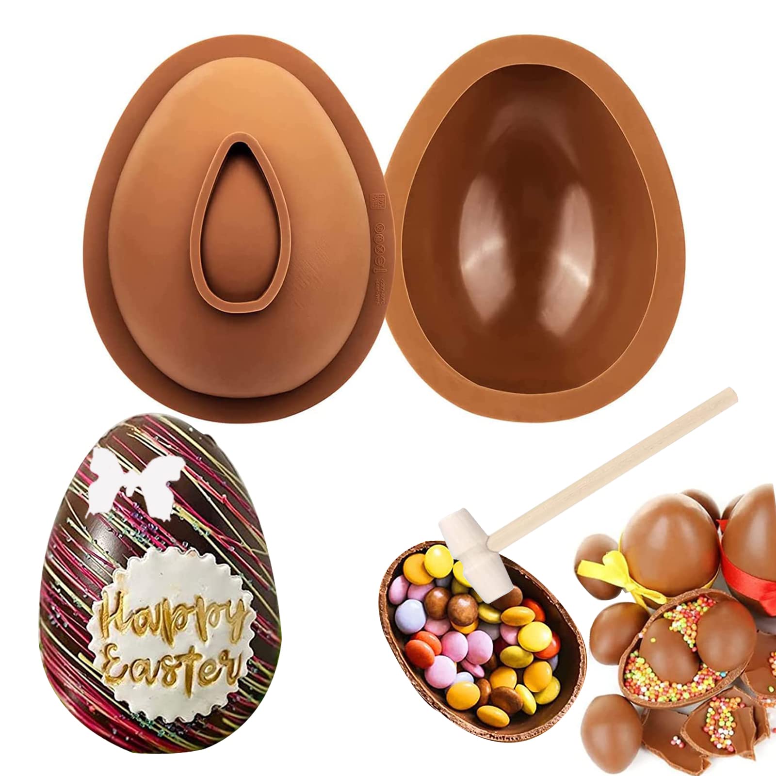 2Pcs Large 3D Easter Egg Silicone Molds with Hammer - Breakable Chocolate Molds for Easter Decorations, DIY Dessert Baking, Party Favors & Holiday Treats - Perfect for Easter Egg Hunts, Home Baking & Gift Making