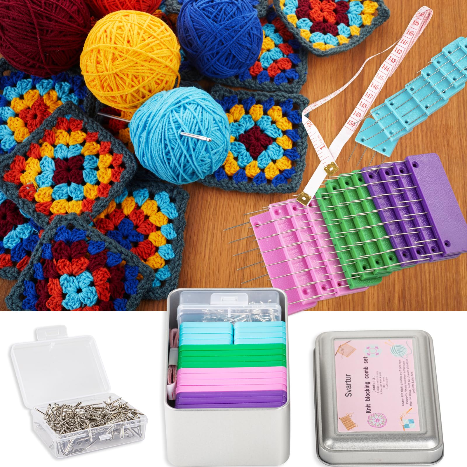 Crochet Blocking Pin Kit with 20 Knit Blocking Combs & 100 T-Pins - Rainbow Knitting Block Pins for Blocking Mats in Multicolor & White - Perfect for DIY Knitting, Crochet Projects & Fabric Blocking