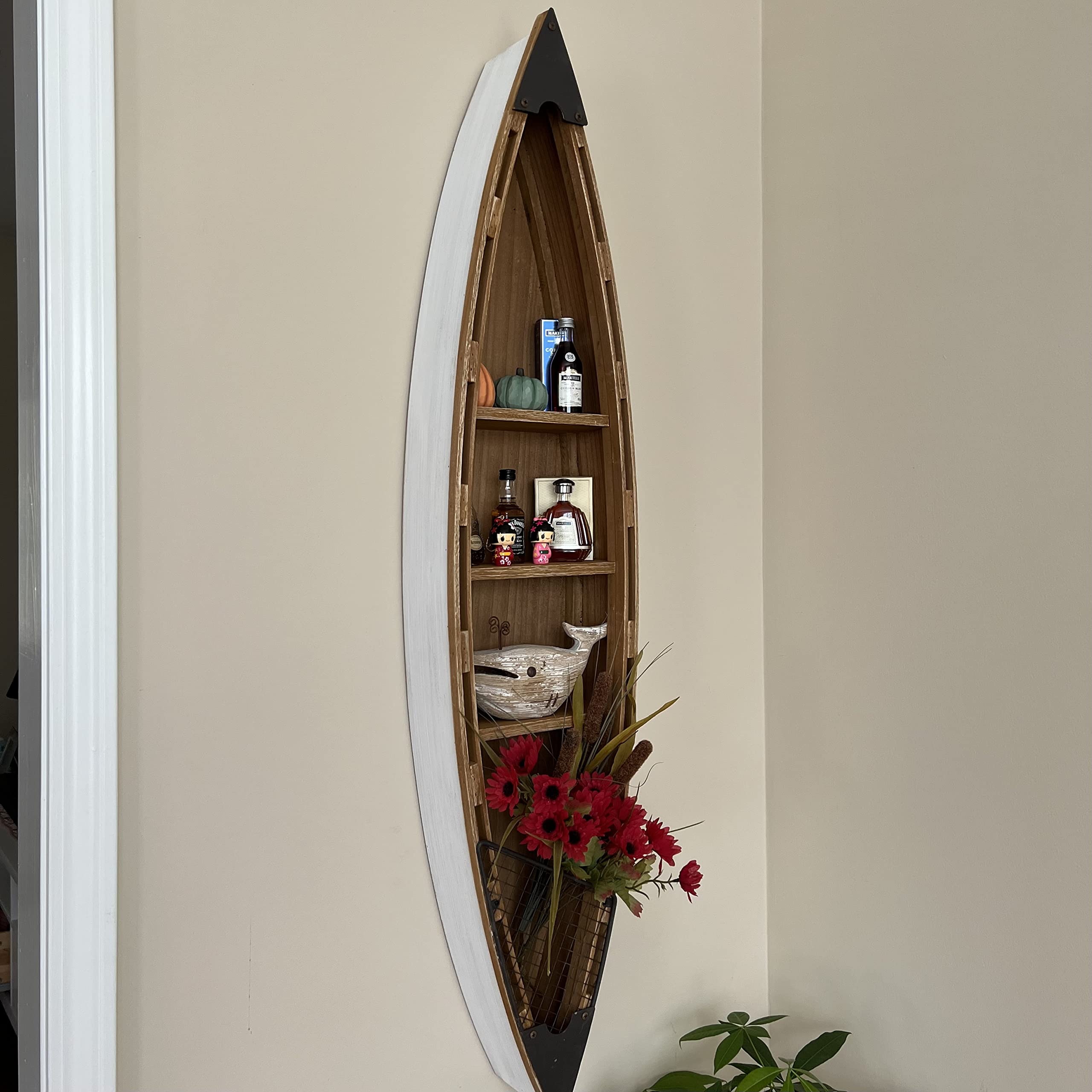 Wooden Boat Shelf Wall Decor - Nautical Decorative Shelves for Bathroom, Living Room & Lake House - Beach Theme Home Decoration in Brown & White | Perfect for Coastal, Farmhouse & Rustic Interior Design