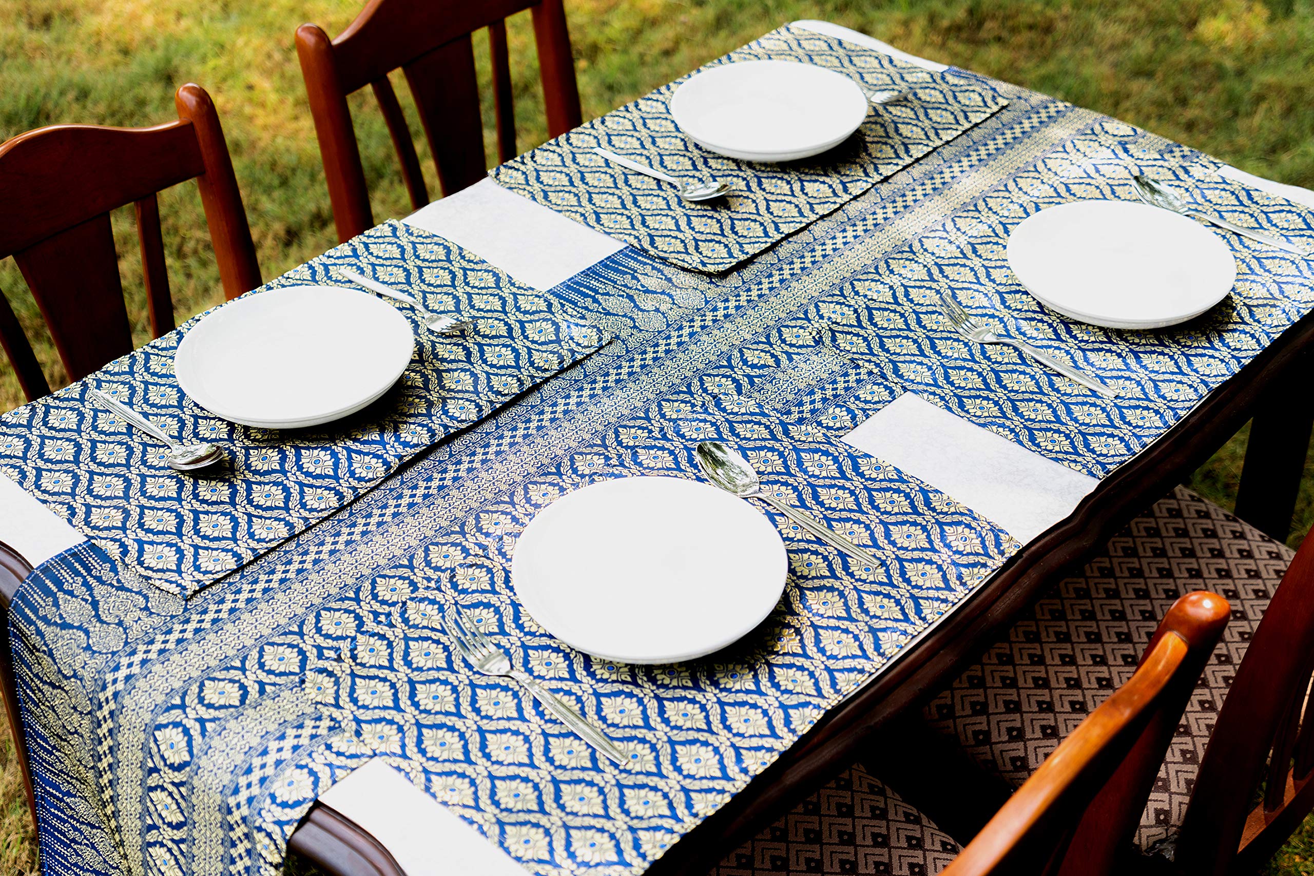 AMORNPHAN Traditional Thai Silk Damask Brocade Table Runner & Placemats Set - Handwoven 100% Silk, Washable Dining Table Decor (1 Runner + 4 Placemats) - Perfect for Formal Dinners, Weddings & Asian-Themed Home Decor
