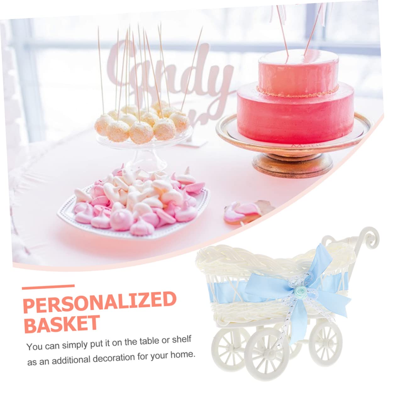 WATIIFUFU 2-Piece Woven Party Baskets Set - Decorative Miniature Doll Stroller Cart & Bowl for Wedding, Baby Shower, Home Decor - Perfect for Gift Wrapping, Table Centerpieces, and Nursery Storage