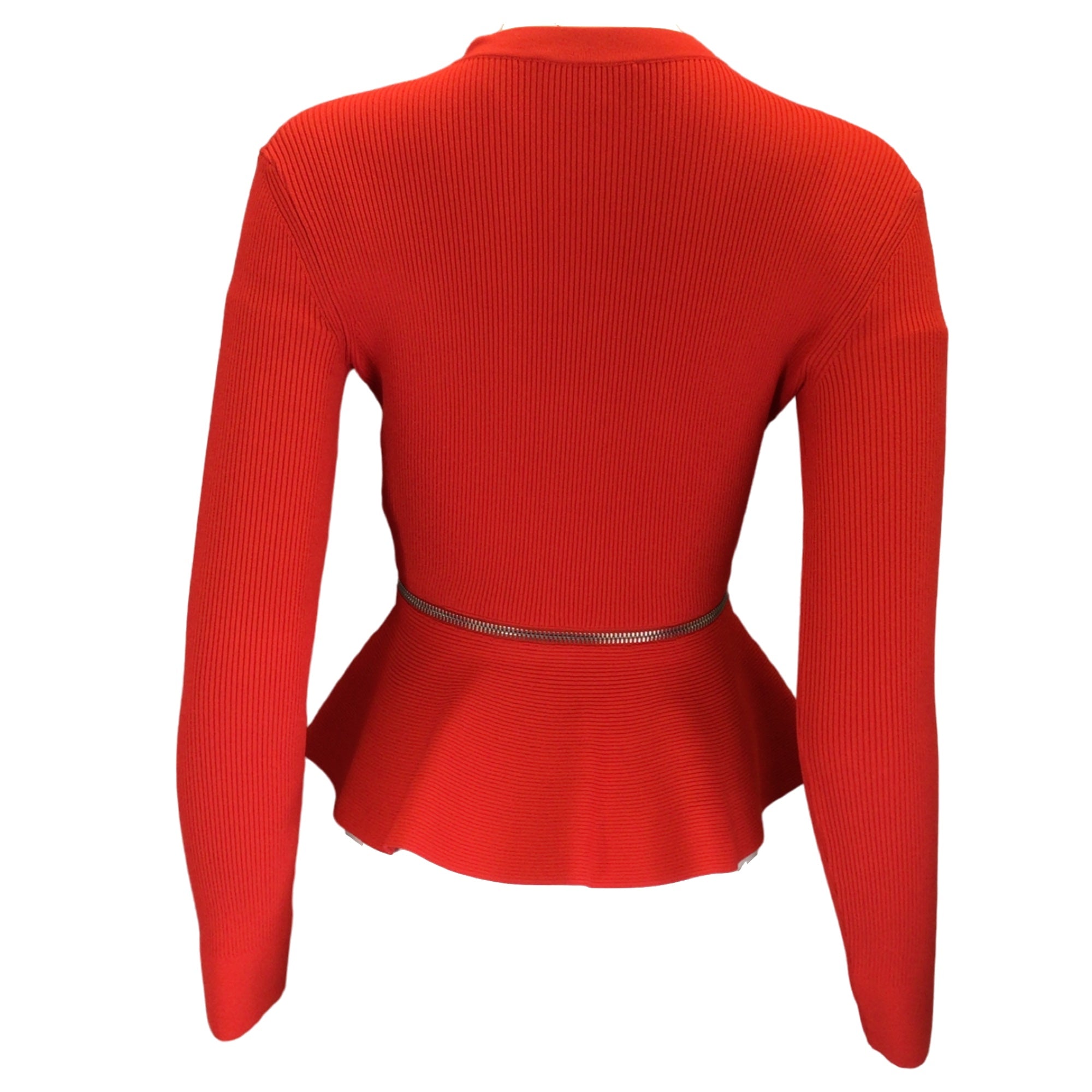 Alexander McQueen Women's Red & Silver Zipper Detail Peplum Hem Cardigan Sweater | Fashion Knitwear for Office, Party & Evening Outfits