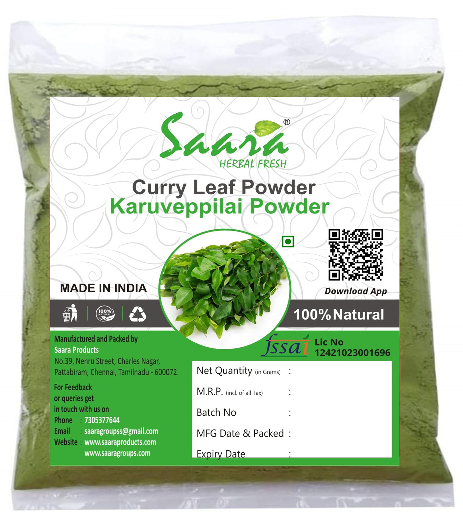 Organic SAARA Curry Leaves Powder 50g | Natural Karuveppilai Powder for Hair Growth & Cooking | Kadi Patta, Karibevu Herbal Supplement | Perfect for Ayurvedic Recipes, Hair Masks & Healthy Meals