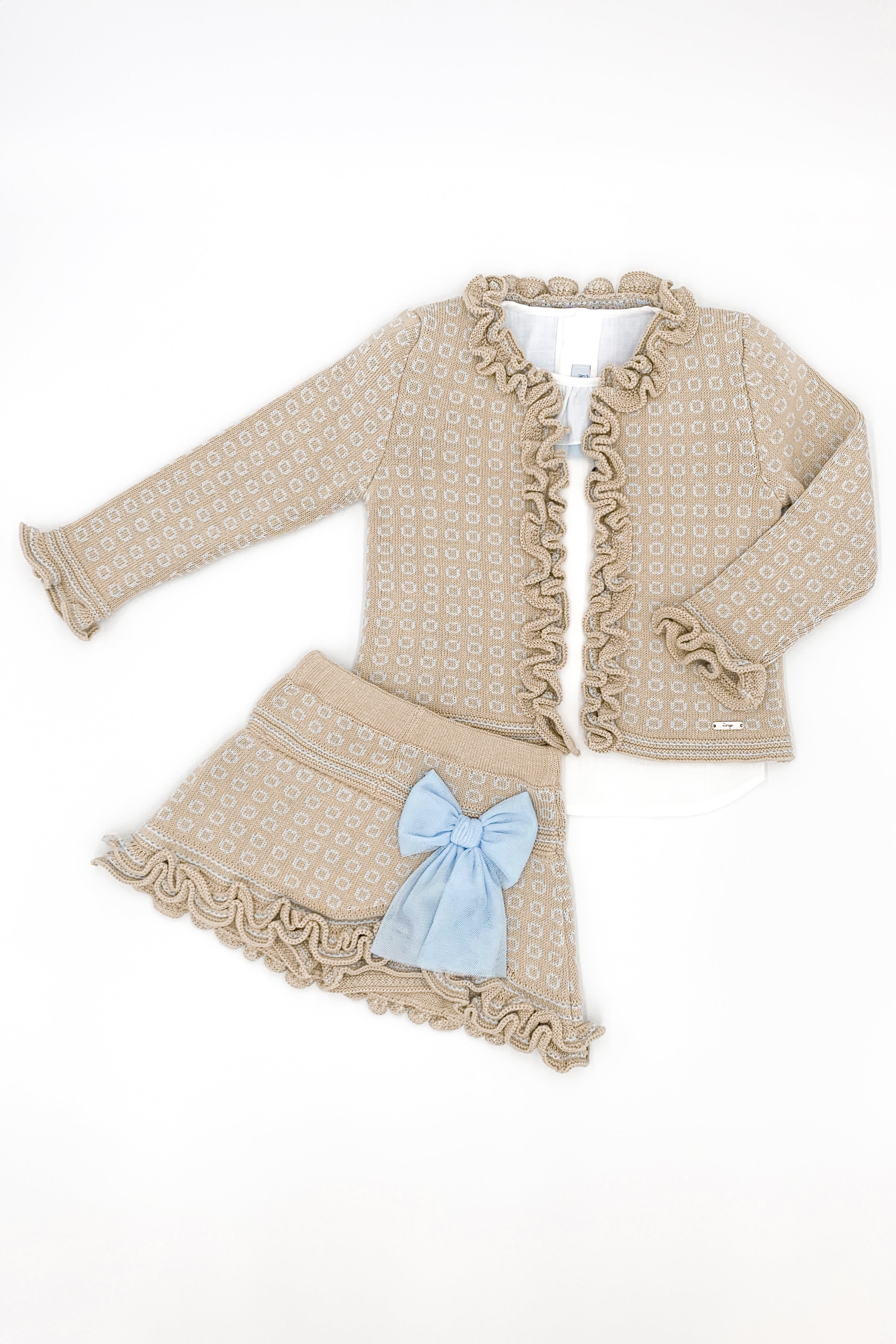 Zara Women's Camel & Baby Blue Knit Cardigan Set with Blouse and Skirt - Cozy Office Wear & Casual Outfit for Fall/Winter