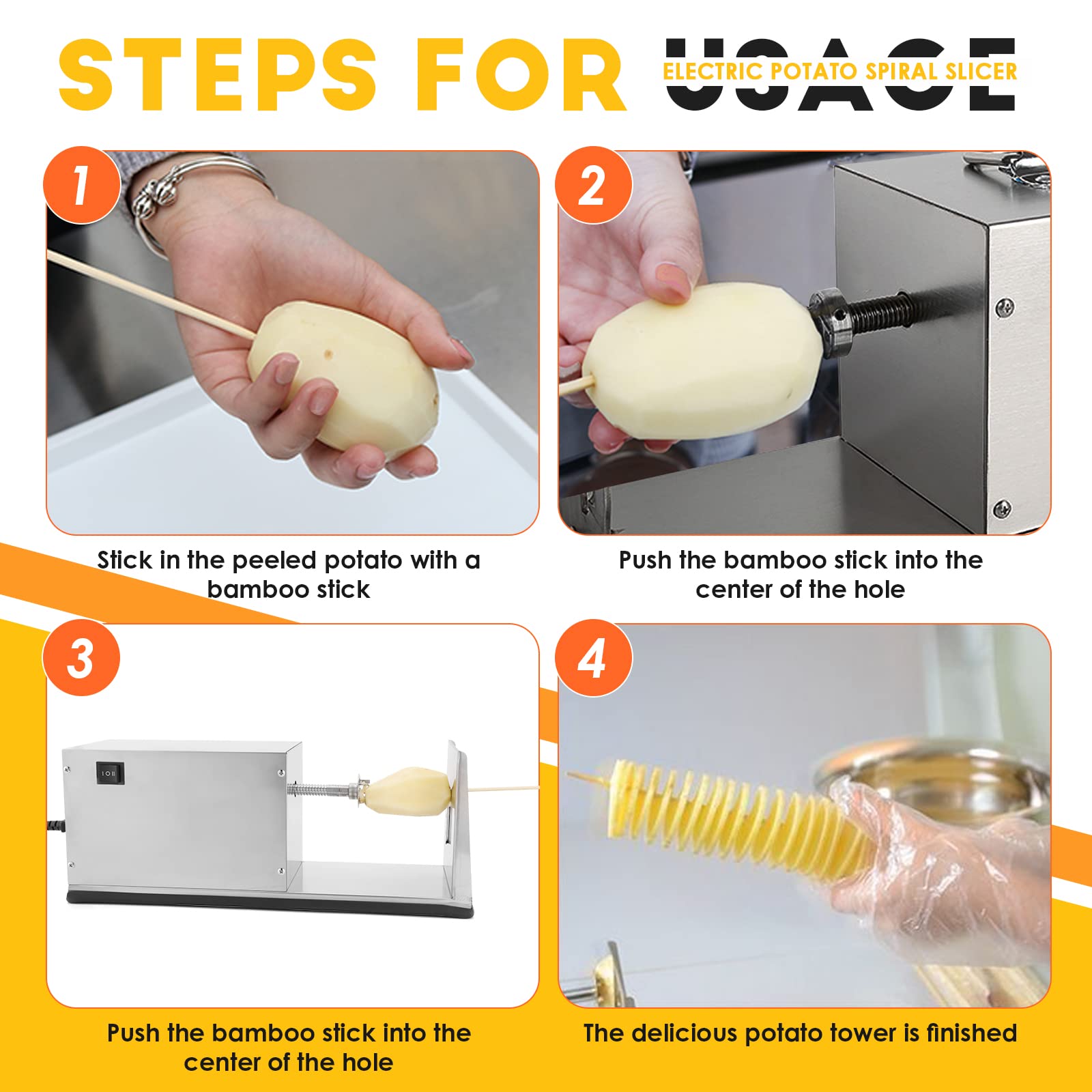CGOLDENWALL Electric Potato Spiral Slicer - Automatic Twisted Potato Cutter with Free Bamboo Skewers | Stainless Steel Vegetable Cutting Machine for Home & Commercial Use (110V) | Perfect for French Fries, Chips & Party Snacks