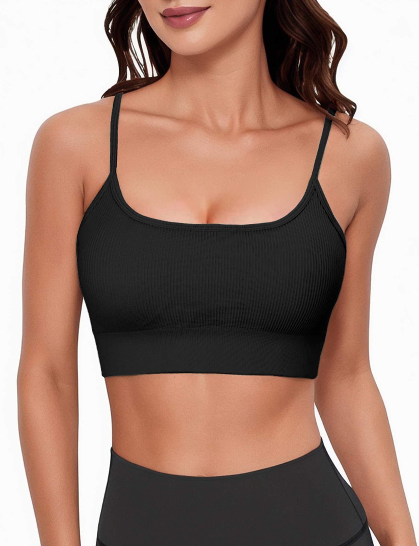 Women's Scoop Neck Sports Bras - Adjustable Spaghetti Strap Workout Bras with Padding, Wireless Yoga Bras for Running, Gym & Active Lifestyle