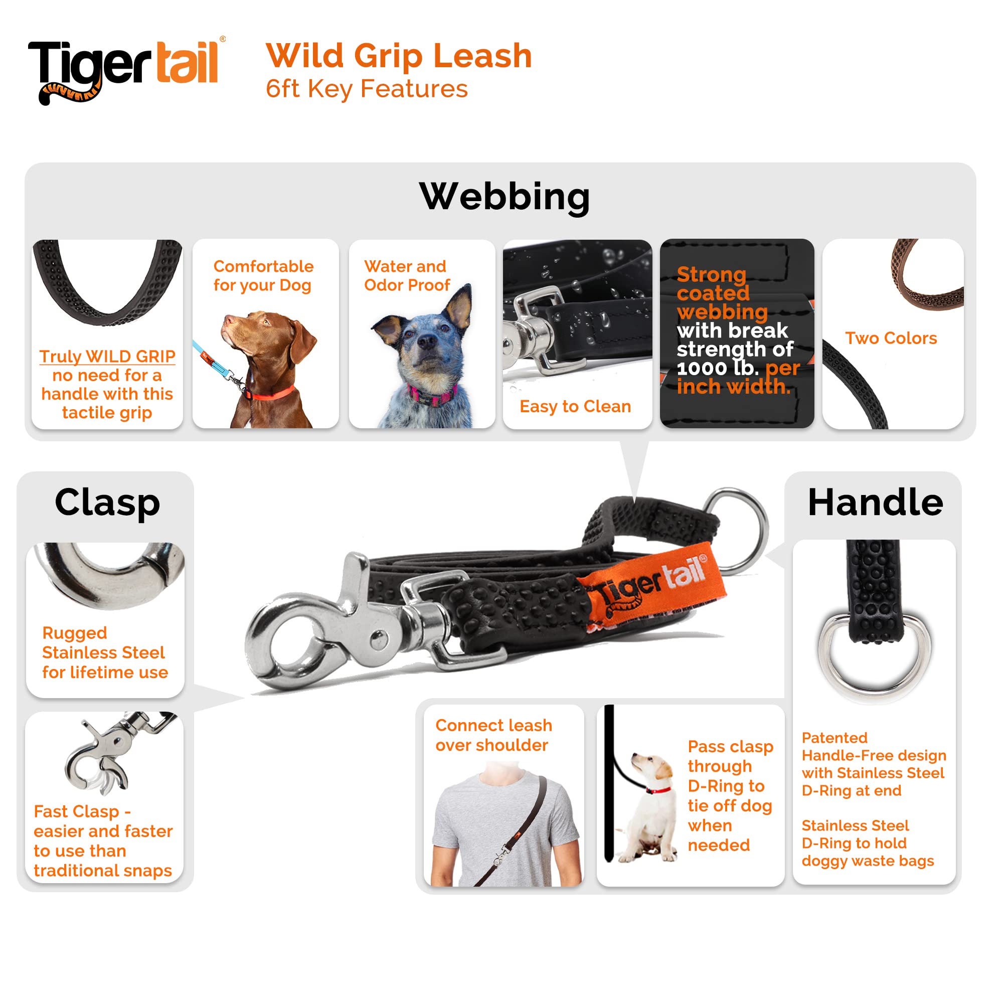 Wild Grip Extreme Grip Waterproof & Odor Proof Dog Leash - 6ft Durable Lead for Outdoor Adventures, Hiking, and Daily Walks
