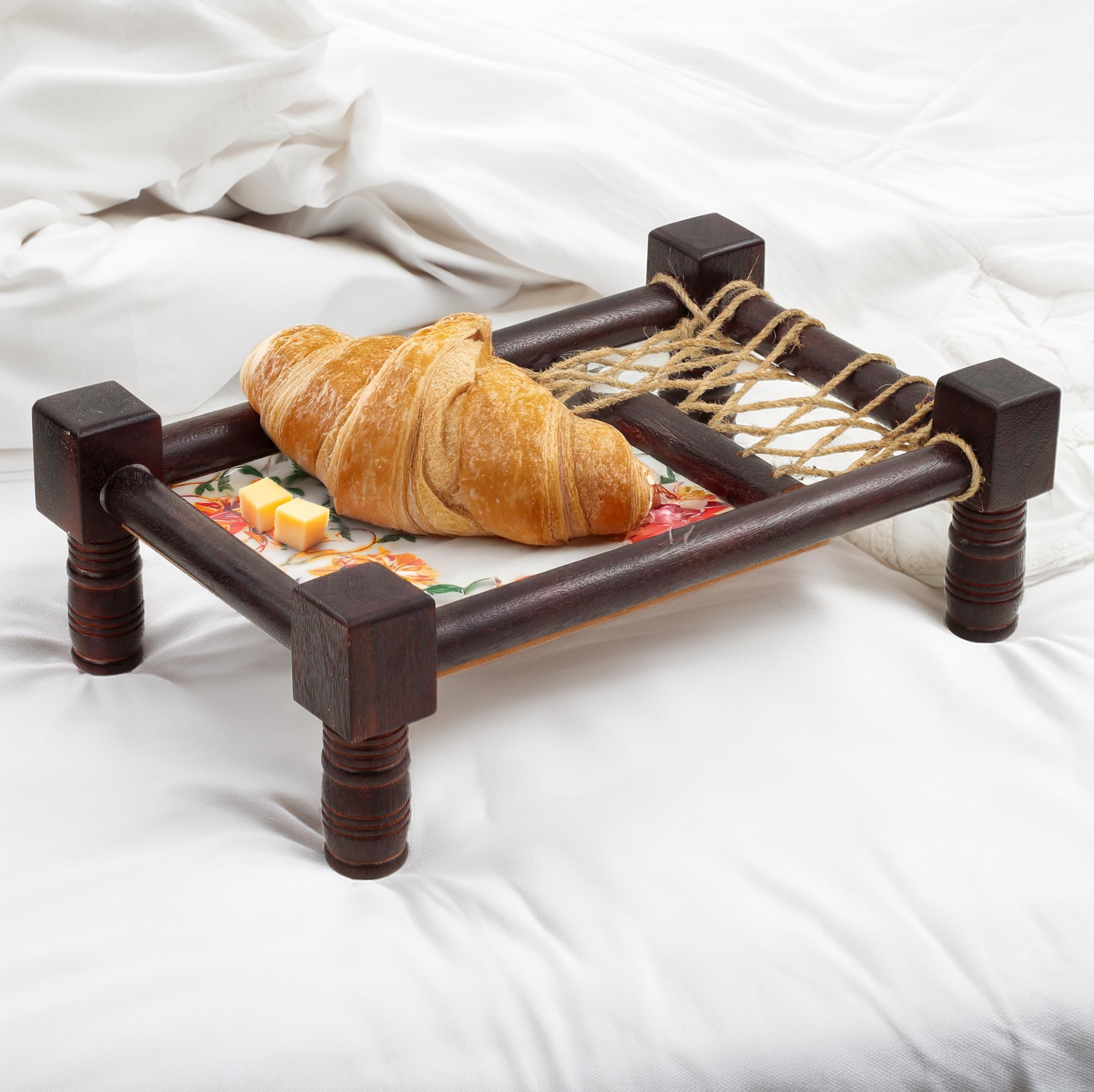 Traditional Asian Wooden Snack Tray with Floral Red Design - Handcrafted North Indian Decorative Serving Tray for Tea, Coffee & Appetizers - Perfect for Home Decor, Parties and Gift Giving