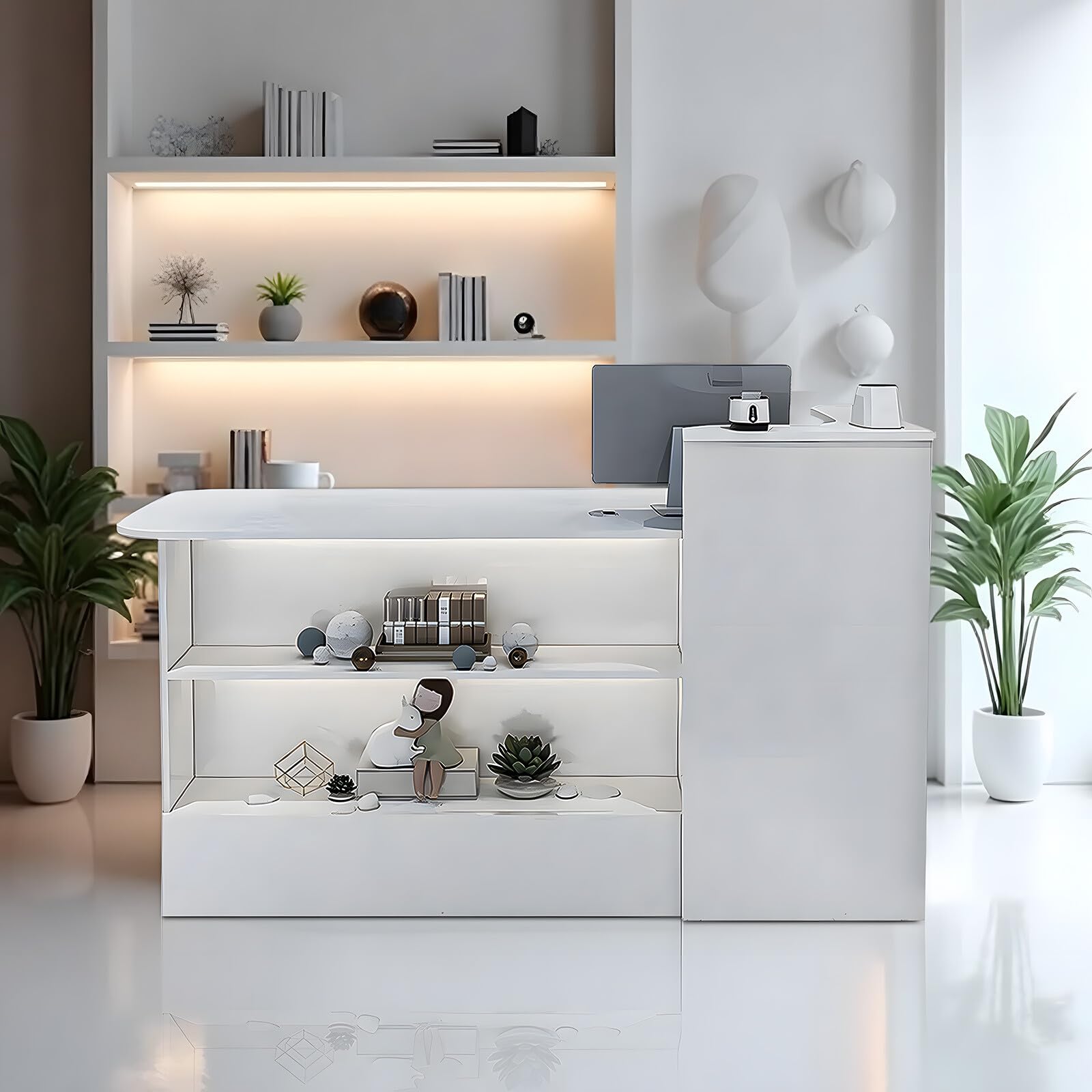 Modern Wooden Reception Desk with Lockable Drawer & Open Shelves - 39.37