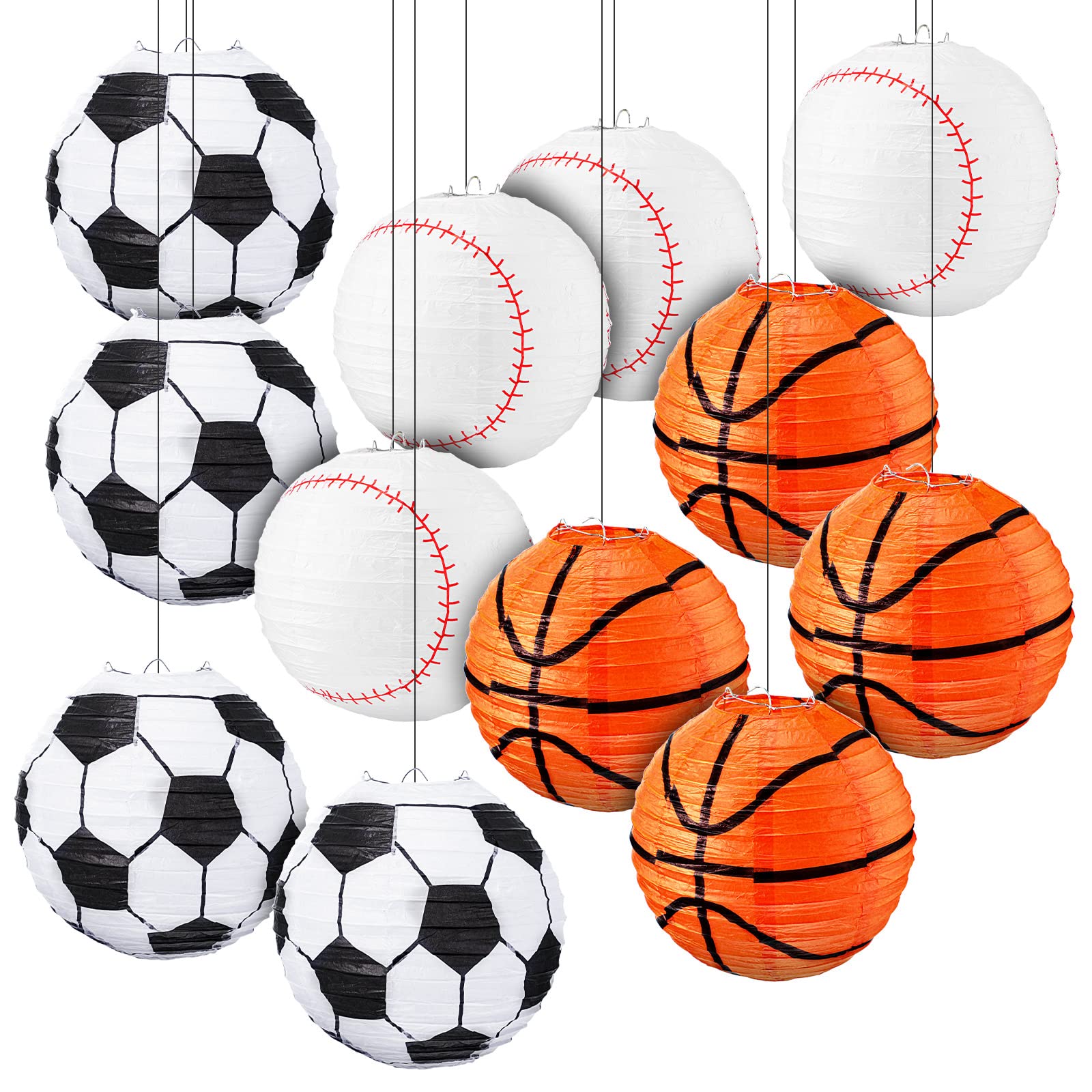12-Piece Sports Themed Birthday Party Decorations Set - 8 Inch Baseball, Basketball & Soccer Paper Lanterns, Ceiling Hanging Decor & Table Centerpieces - Perfect for Kids Sports Parties, Team Celebrations & Game Day Decorations
