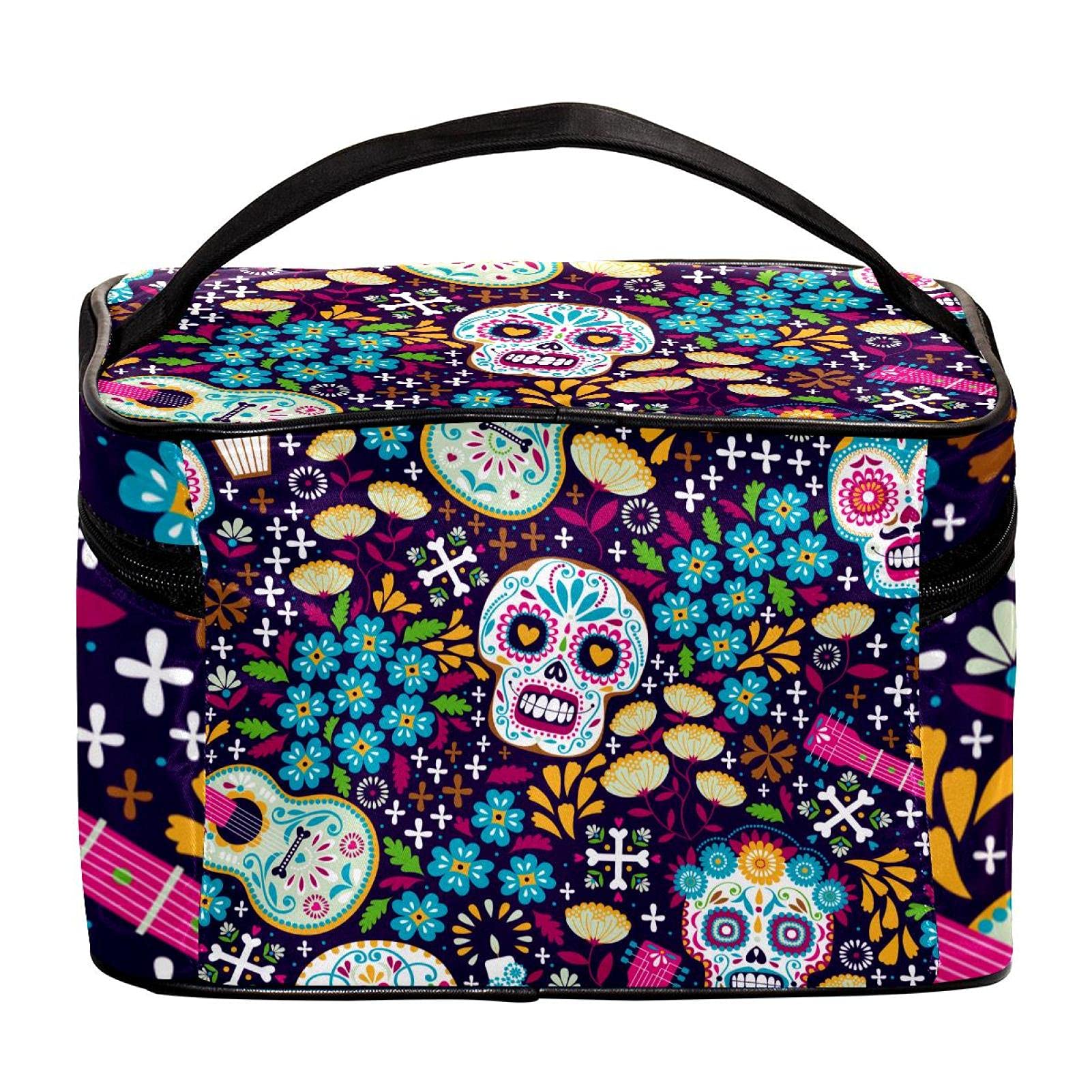 Sugar Skull Floral Guitar Pattern Travel Makeup Bag - Large Cosmetic Organizer with Zipper for Women & Girls - Perfect for Travel, Gym, and Daily Makeup Storage