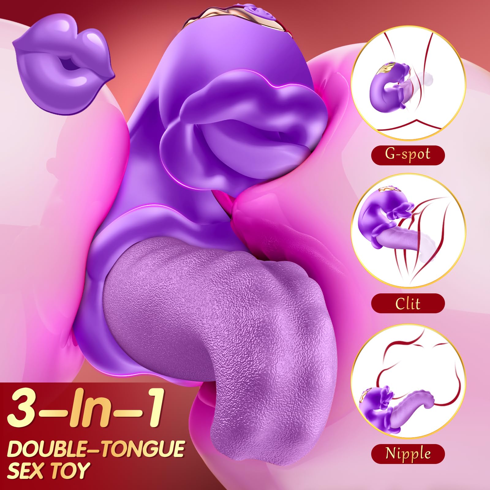 4 in 1 Rose Vibrator for Women - 10 Licking & 10 Vibration Modes, Tongue Thrusting Dildo with Clit Suction, Adult Sex Toy for Couples Play & Solo Pleasure - Perfect for Bedroom Fun, Anniversary Gifts & Sensual Exploration