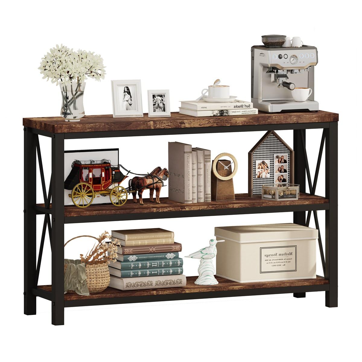 BON AUGURE 47 Inch Rustic Brown Industrial Sofa Console Table - 3 Tier Entryway Hallway Table, Rustic Hall Table Behind Couch - Perfect for Living Room, Foyer, and Home Decor