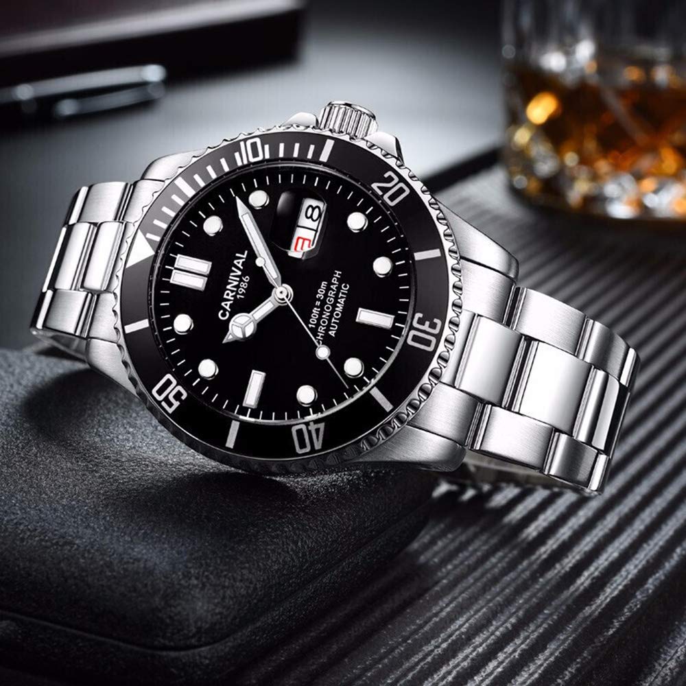 MASTOP Men's Automatic Watch - Classic Rotating Bezel Stainless Steel Diver Watch with Date Window | Luxury Dress Wristwatch for Business & Formal Occasions | Waterproof Sports Watch for Swimming & Diving (Silver Black)