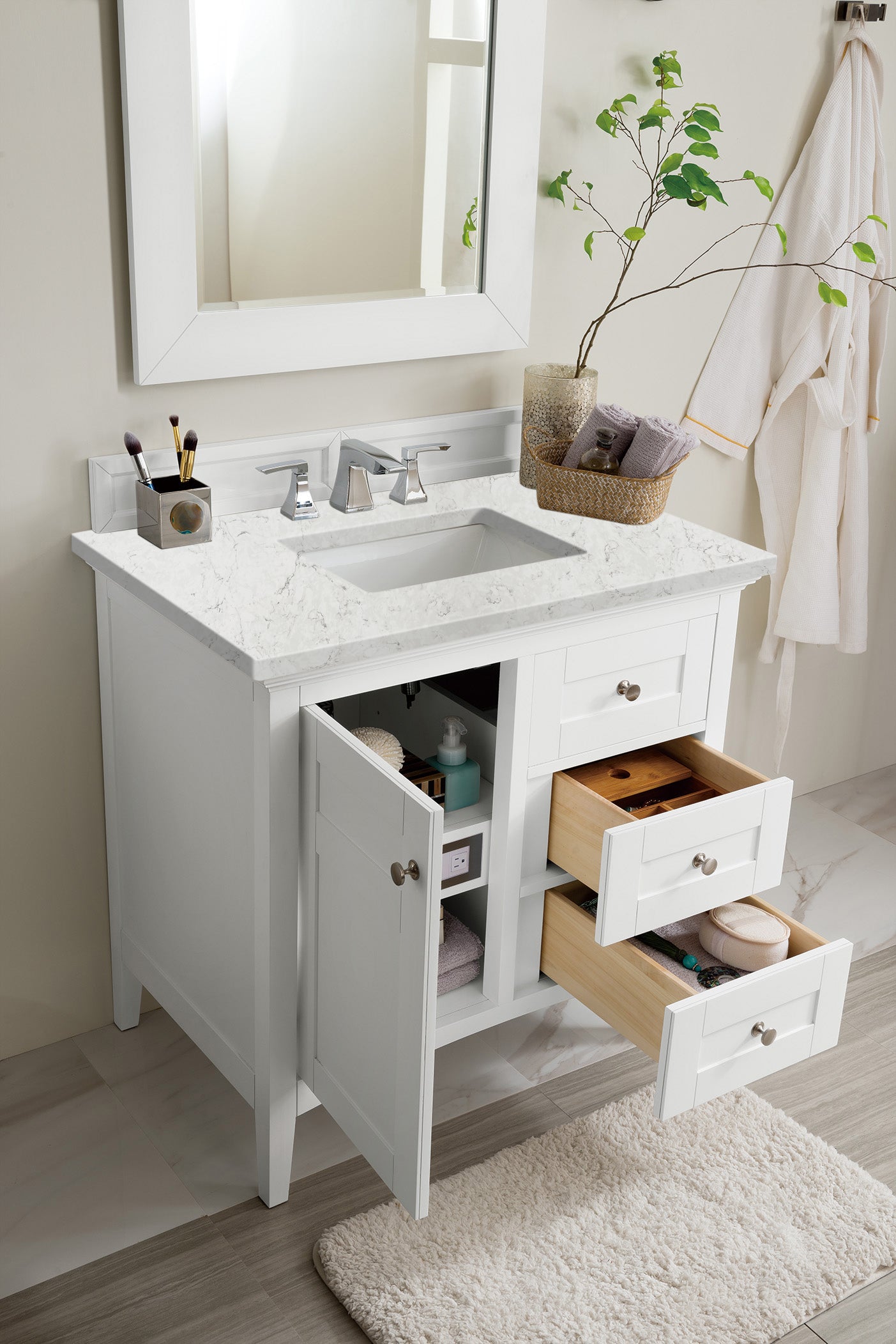 Palisades 36 Inch Single Bathroom Vanity Set with 3CM Eternal Jasmine Pearl Quartz Top - Bright White Finish for Modern Bathrooms | Perfect for Master Bath, Guest Bath, or Powder Room Renovations