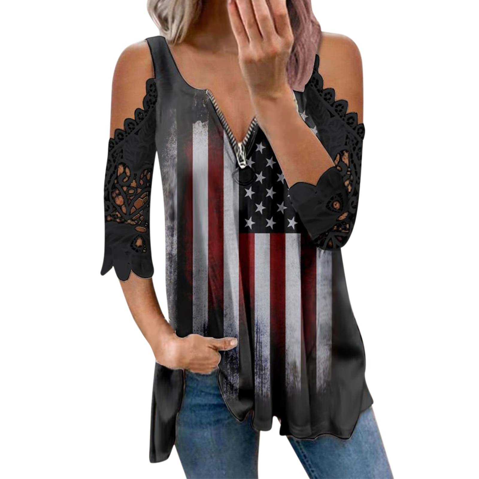Women's Summer Graphic Print Short Sleeve Cold Shoulder Tops - Stylish Zip Lace Off Shoulder T-Shirts & Long Sleeve Blouses for Casual Wear, Beach Outfits, and Party Fashion