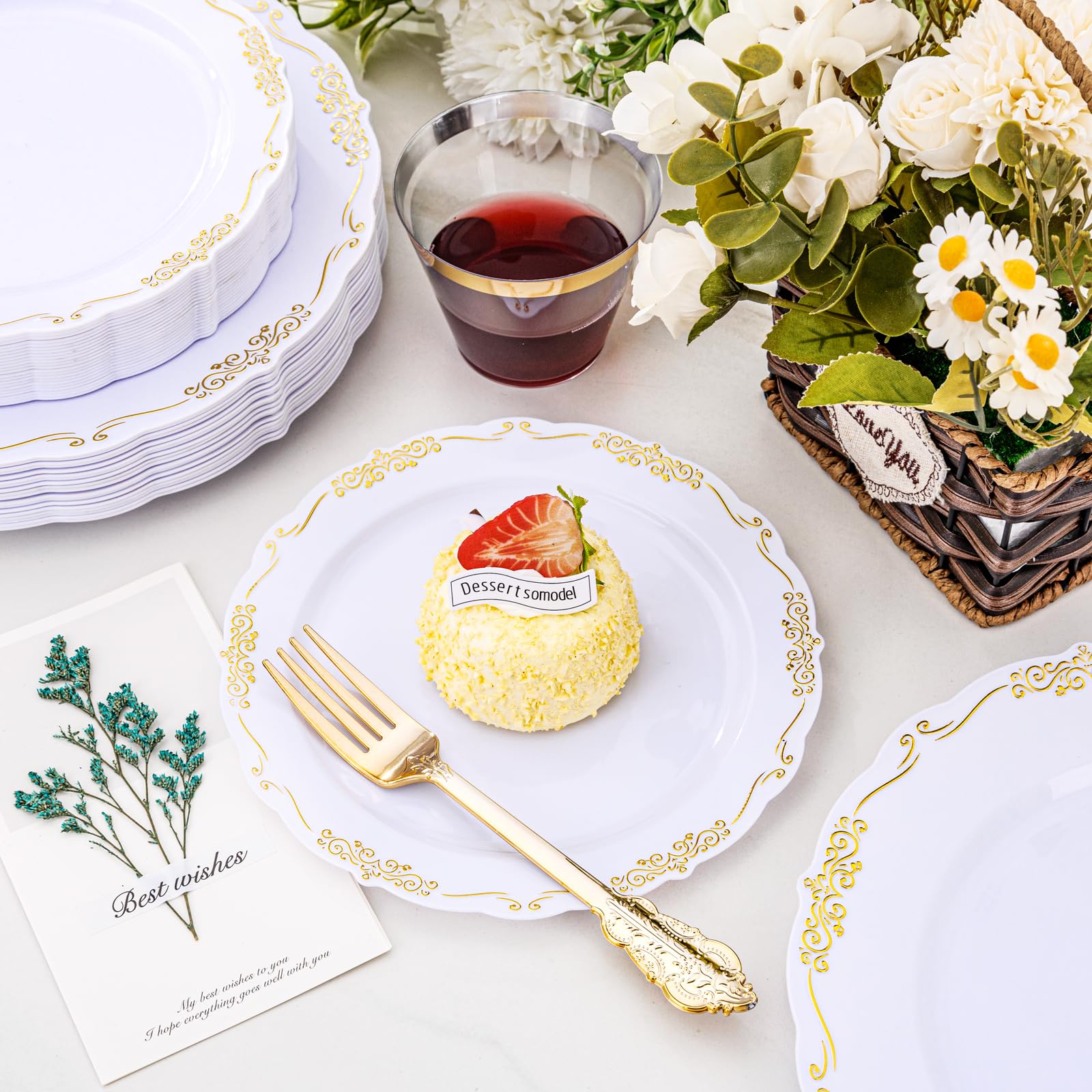 175-Piece Gold Plastic Party Dinnerware Set - 25 Dinner Plates, 25 Dessert Plates, 25 Gold Cutlery, 25 9oz Cups & 25 Rolled Napkins - Elegant White & Gold Disposable Tableware for Weddings, Birthdays & Special Events