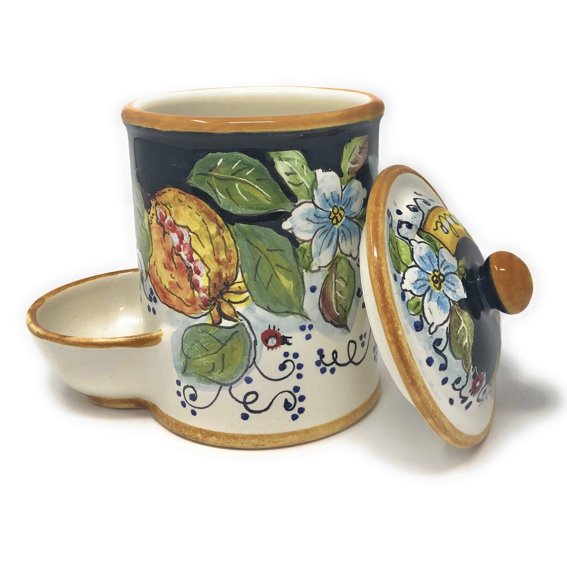 Hand-Painted Italian Ceramic Jar - Tuscan Salt Holder with Fruit Decoration | Authentic Florence Pottery from Italy | Perfect for Kitchen Decor & Gift Giving