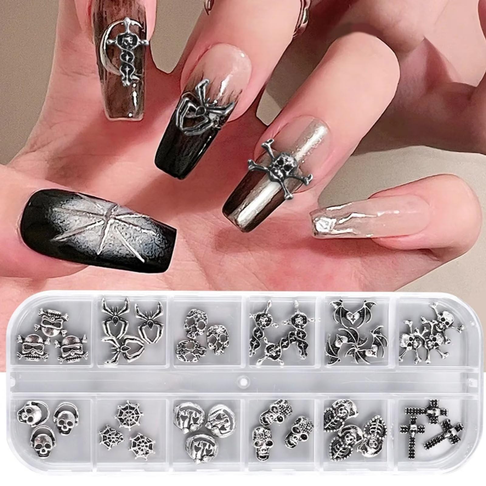 36Pcs Halloween Nail Art Charms - 3D Cross & Skull Shape Nail Gems, Shiny Acrylic Nail Jewelry Accessories with Storage Box for Halloween Parties, Cosplay & Nail Salon Decorations