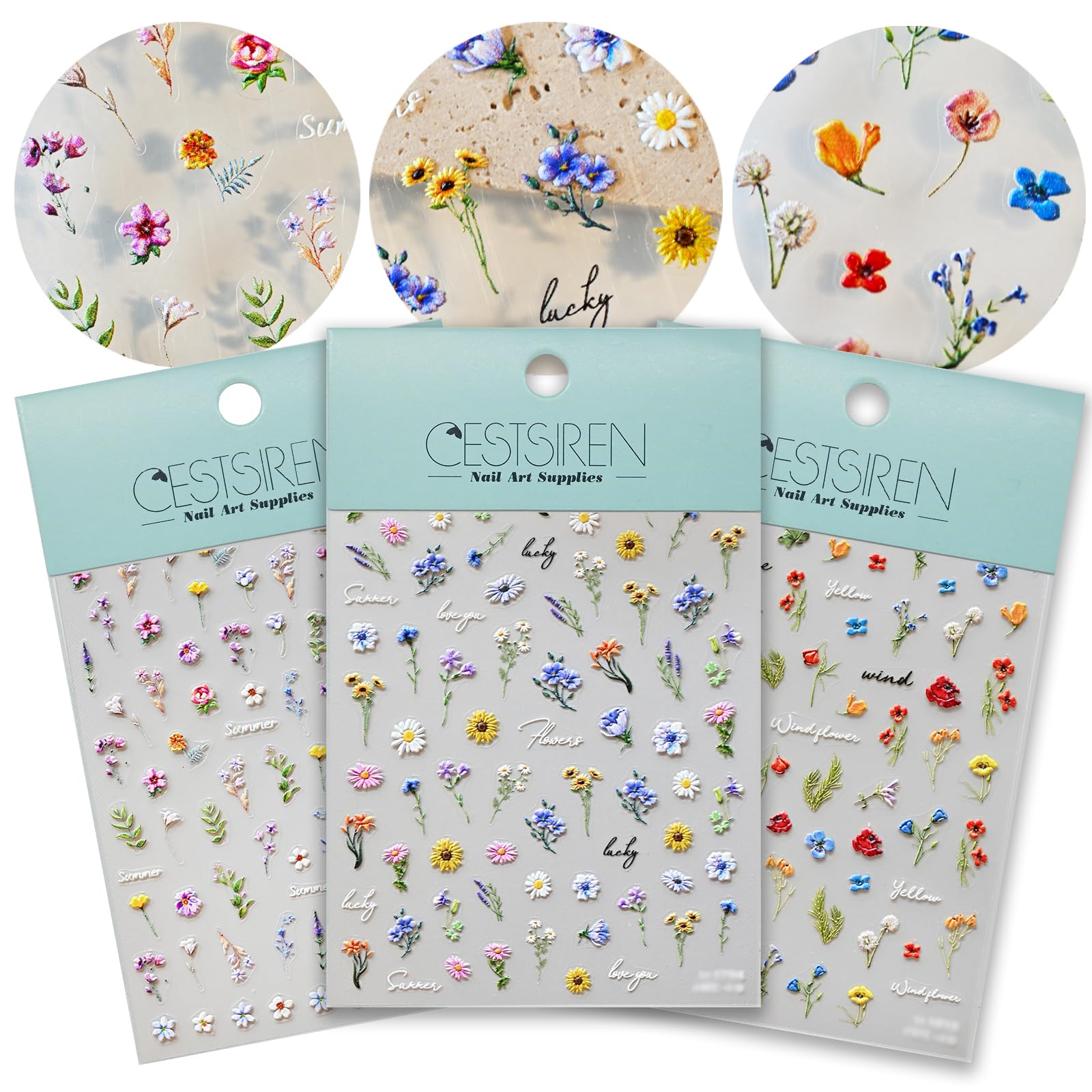 3D Embossed Flower Nail Art Stickers - Self-Adhesive Nail Decals for Spring & Summer Nail Designs | Women's Nail Art Accessories & Supplies (3 Sheets) - Perfect for DIY Manicures, Salon Nail Art, and Special Occasions