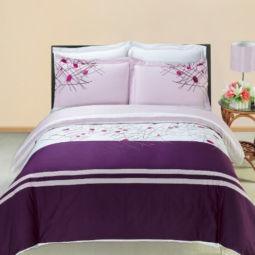 Luxurious Cherry Embroidered 4-Piece Full Size Comforter Set - 100% Egyptian Cotton, Ultra Soft 300 Thread Count - Includes Down Alternative Comforter for All Seasons - Perfect for Master Bedroom, Guest Room & Dorm Decor