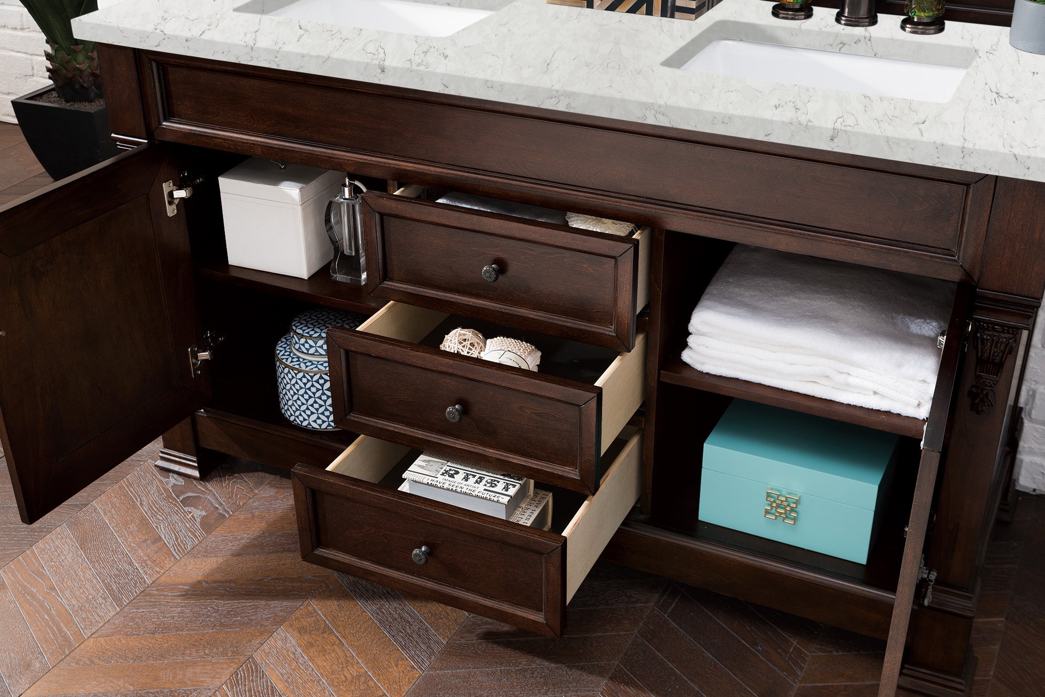 Brookfield 60-Inch Double Bathroom Vanity with Burnished Mahogany Base & 3CM Eternal Jasmine Pearl Quartz Countertop - Perfect for Master Bathrooms and Luxury Home Renovations