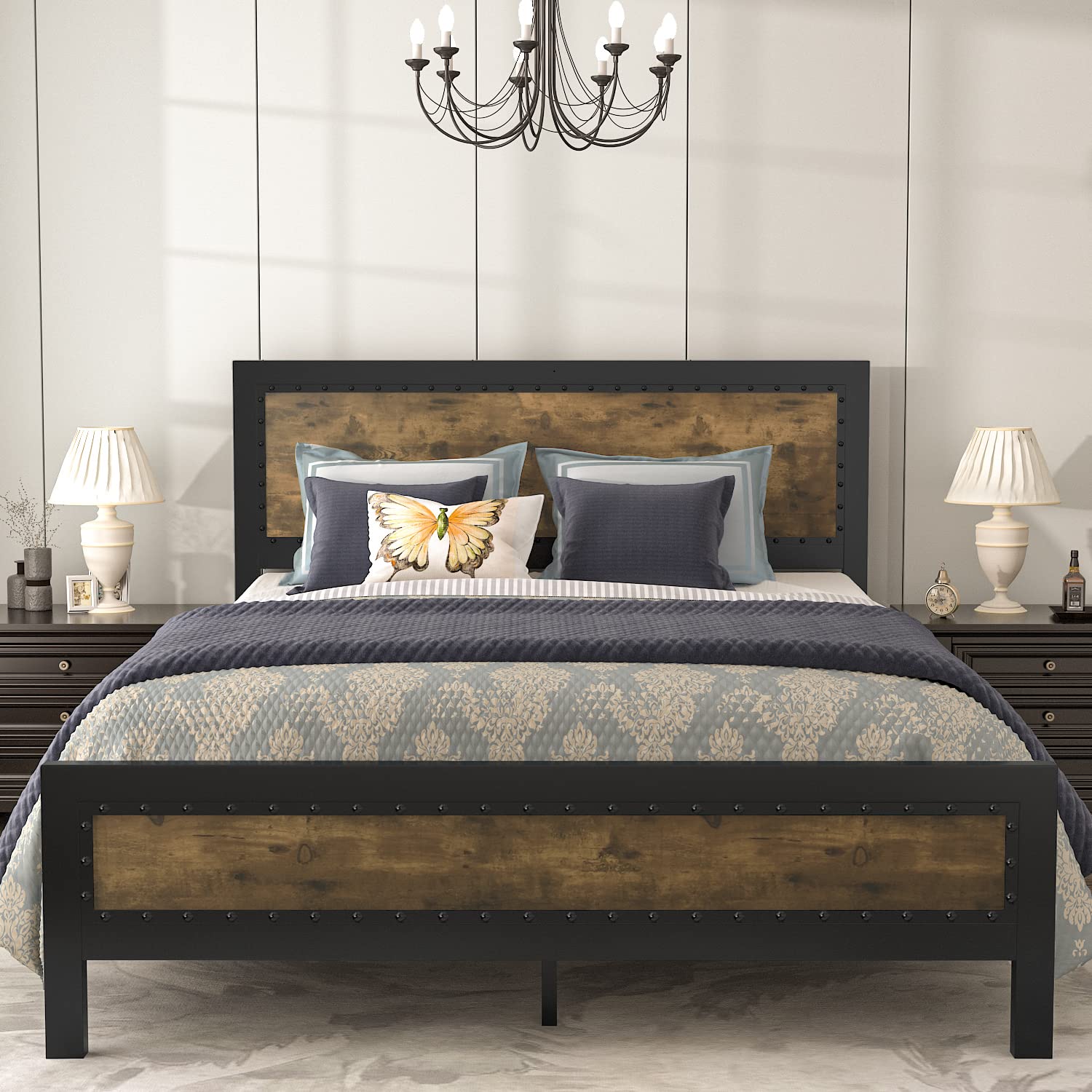 IMUsee Rivet Metal Full Bed Frame with Wood Headboard - Heavy Duty Platform Bed with 13 Support Legs, Noise Free, No Box Spring Needed, Easy Assembly, Fleck Wood - Perfect for Guest Rooms, Apartments & Modern Bedrooms