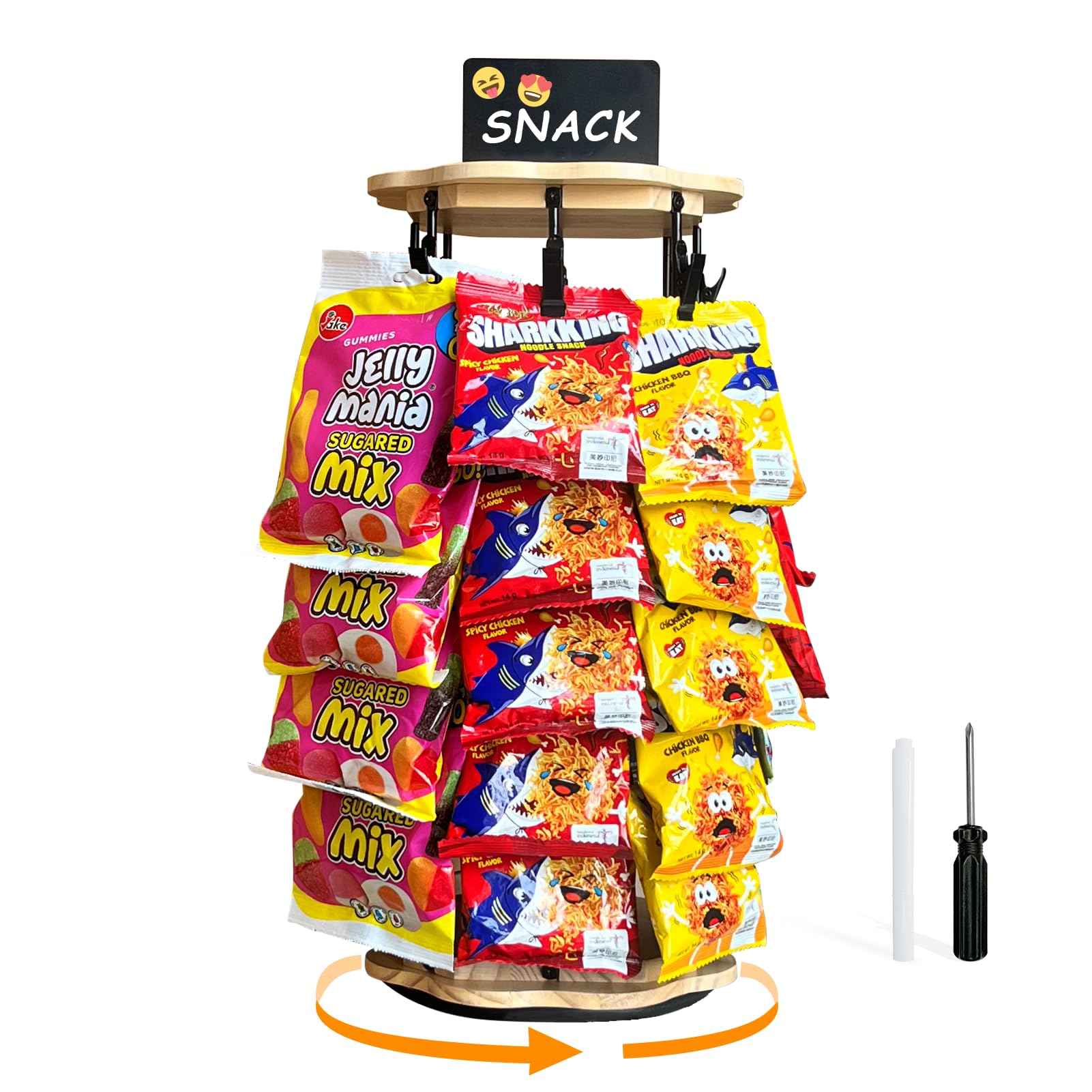 Wooden Flower-Shaped Rotating Chip Rack Display Stand with 40 Clips - Snack Organizer for Pantry, Party & Concession Stand - Waterproof Chip Bag Holder for Home, Office & Store Displays