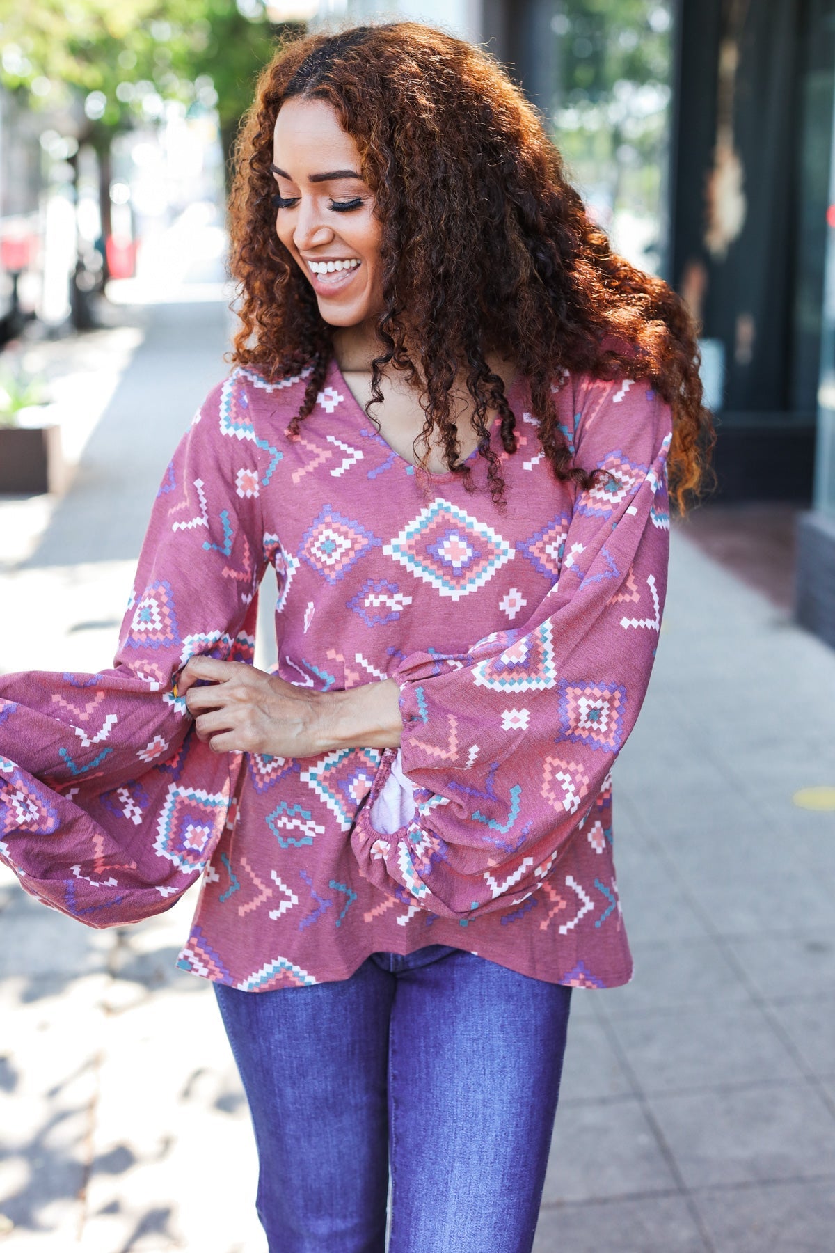 Boho Chic Elastic Long Sleeve Aztec Print V-Neck Pullover Sweater | Women's Casual Knit Top for Fall & Winter | Perfect for Music Festivals, Date Nights & Cozy Layering
