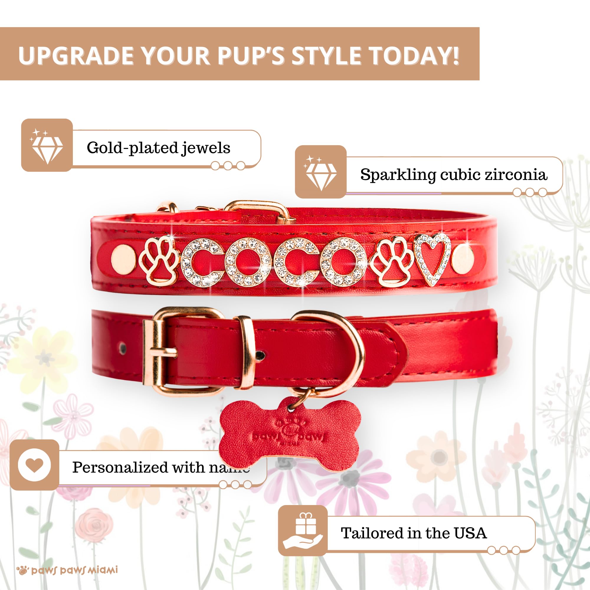 Custom Personalized Dog Collar for Small Dogs - Gold Plated Cubic Zirconia Initials & Charm Jewels - Red Luxury Pet Accessory - Perfect for Daily Walks, Special Occasions & Gift Giving