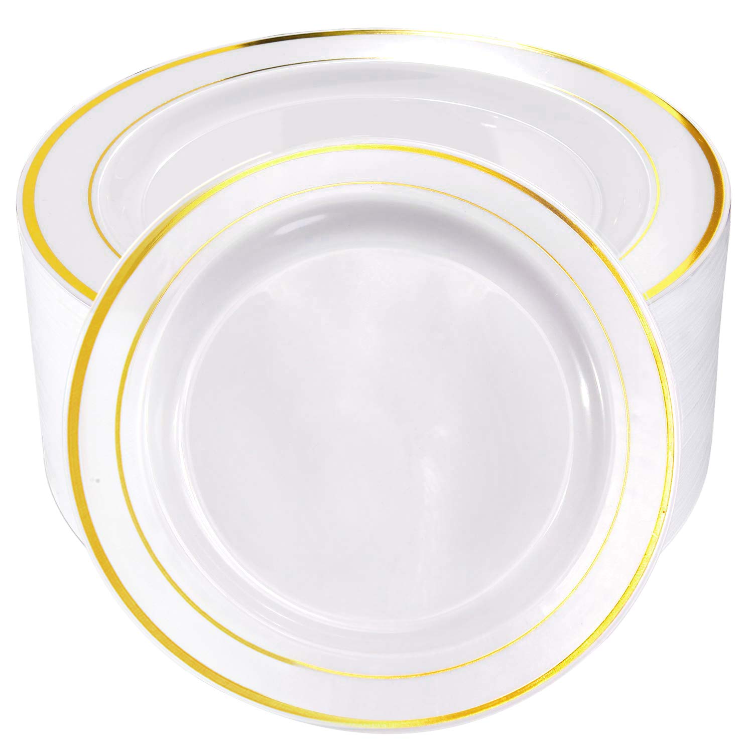 60-Pack 10.25 Inch Gold Rimmed Plastic Dinner Plates - Elegant Disposable White Plates for Wedding, Party, Banquet & Special Events - Perfect for Bridal Showers, Anniversaries & Formal Dining