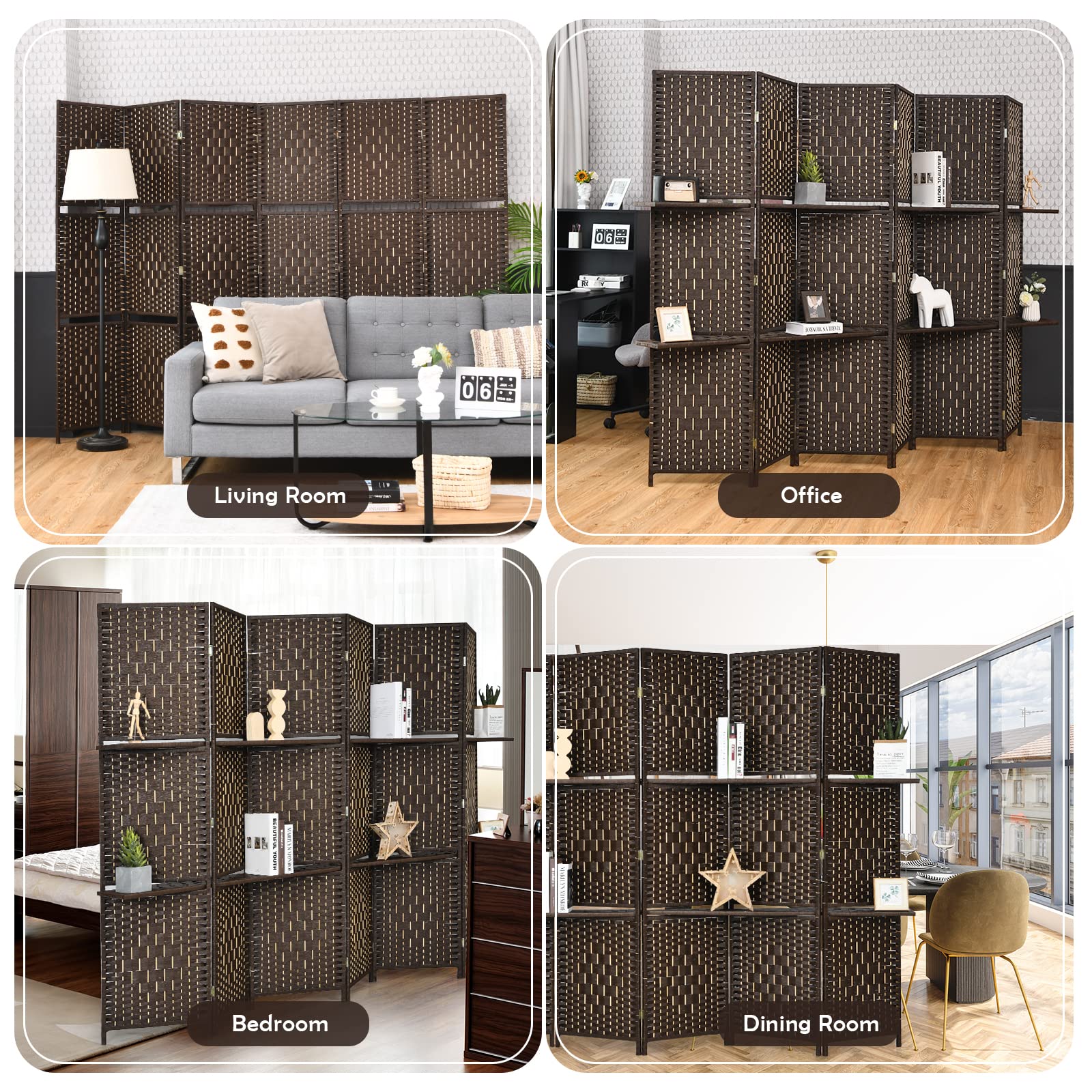 Giantex 6Ft 6-Panel Room Divider with Shelves - Hand-Woven Rattan Freestanding Folding Privacy Screen for Home, Office & Studio - Wooden Partition Wall for Room Separation | Perfect for Creating Private Spaces, Home Decor & Workspace Organization