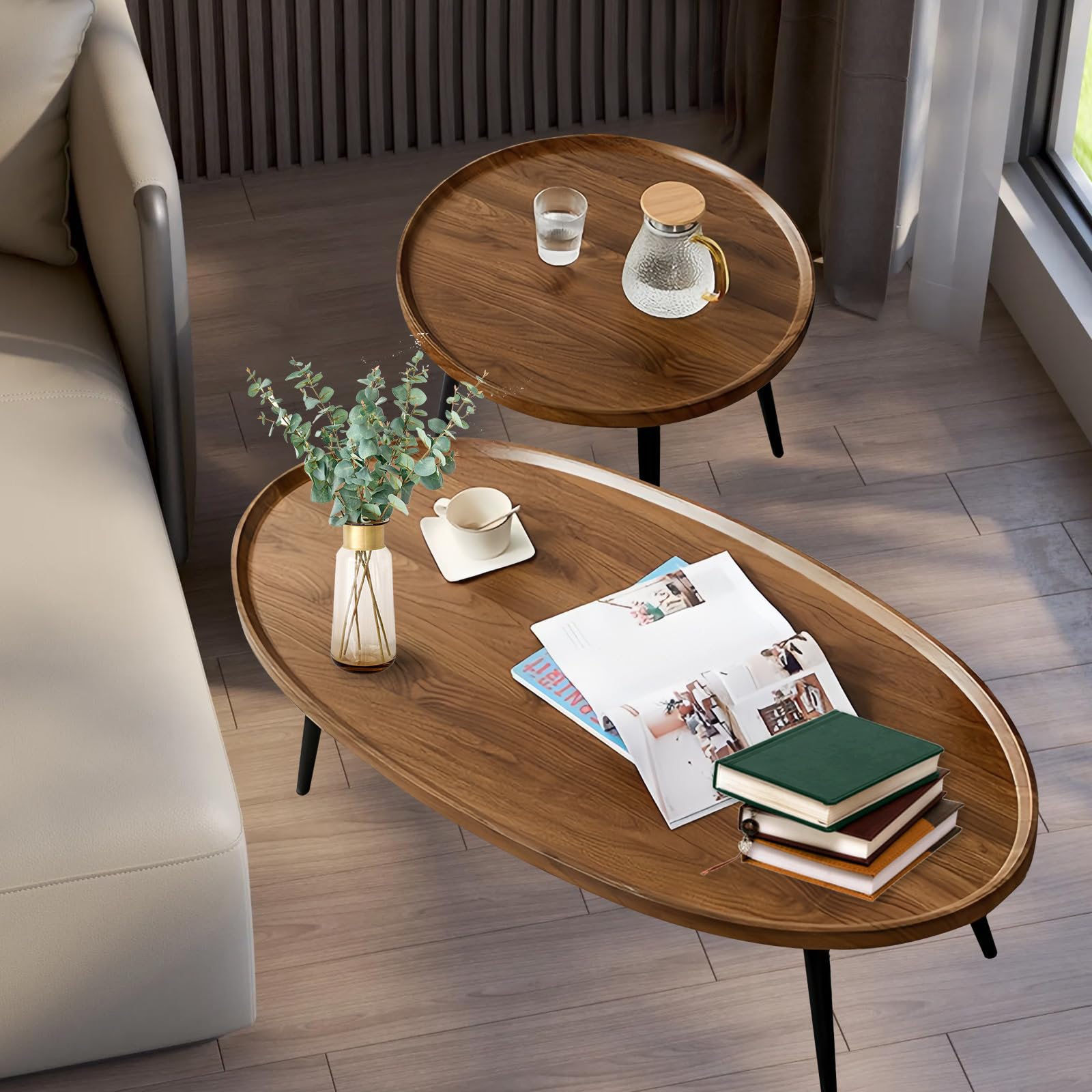 Modern Oval Nesting Coffee Table Set of 2 with Wood Legs - Walnut Finish Living Room, Bedroom & Office Accent Tables (31.5”+19.6”) - Perfect for Small Spaces, Conversation Areas & Home Decor