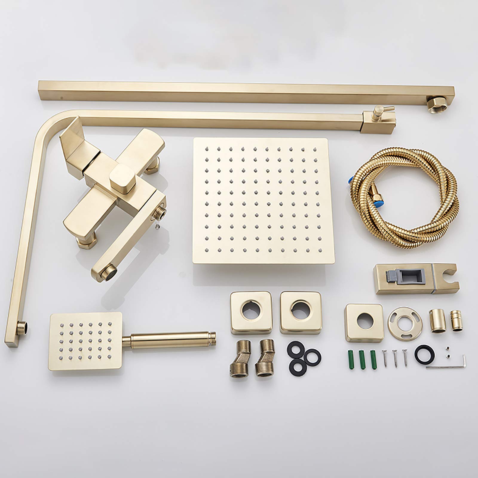 Brushed Gold Rain Mixer Shower Combo Set - Wall Mounted Exposed Bathroom Shower Faucet with 8 Inch Rainfall Shower Head, Handheld Shower & Swivel Tub Spout - Perfect for Modern Bathroom & Spa Experience