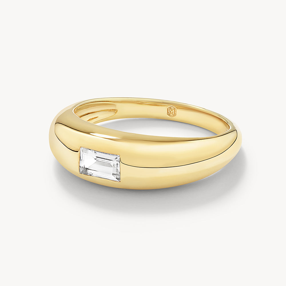 14K Gold White Topaz Baguette Curve Pinky Ring for Women - Elegant Stackable Minimalist Ring for Everyday Wear, Gift for Her, Anniversary or Birthday Present