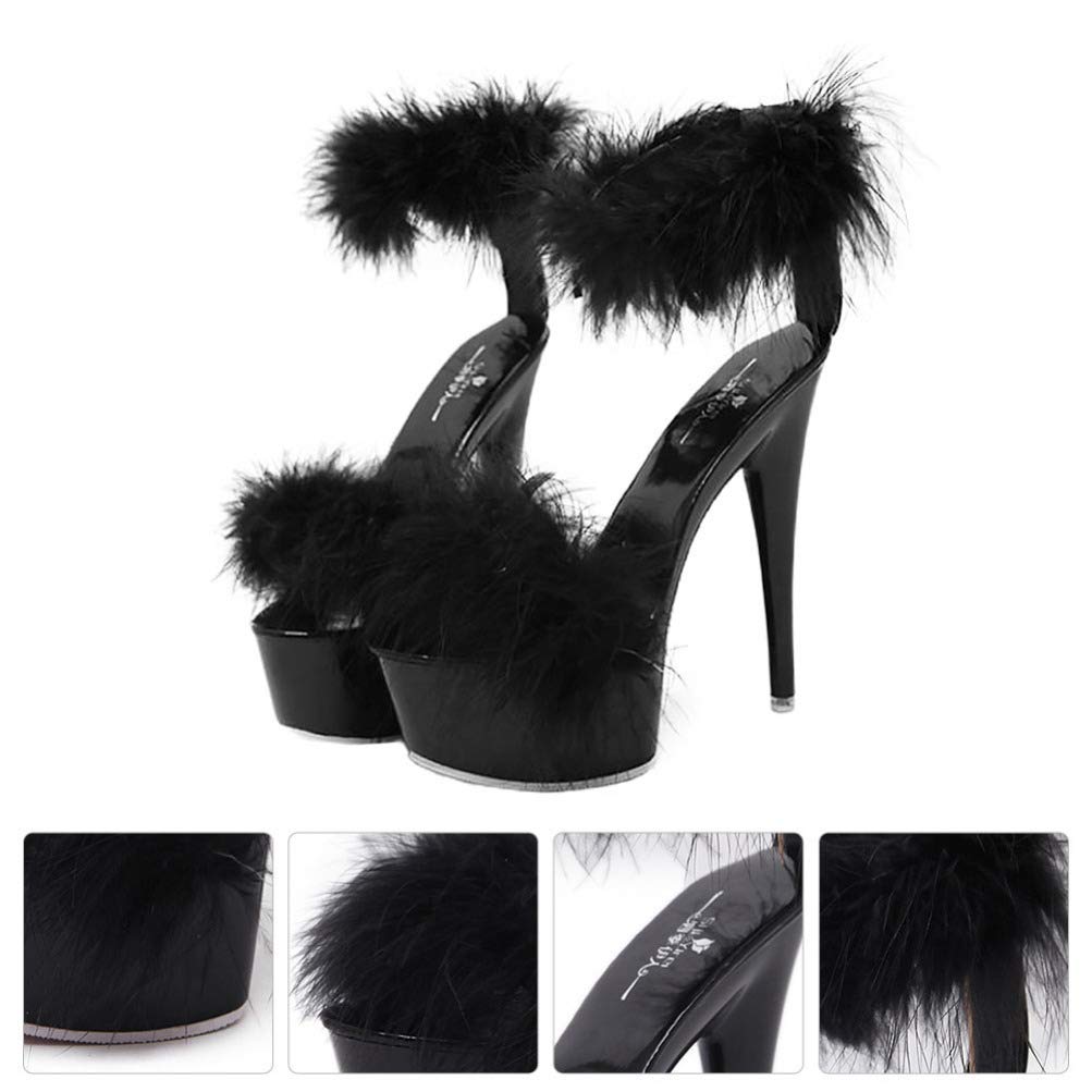 Happyyami Women's Fluffy Feather High Heel Sandals - Faux Fur Pointed Toe Fuzzy Slippers for Party, Wedding & Evening Events | Comfortable & Stylish Clear Heels for Women