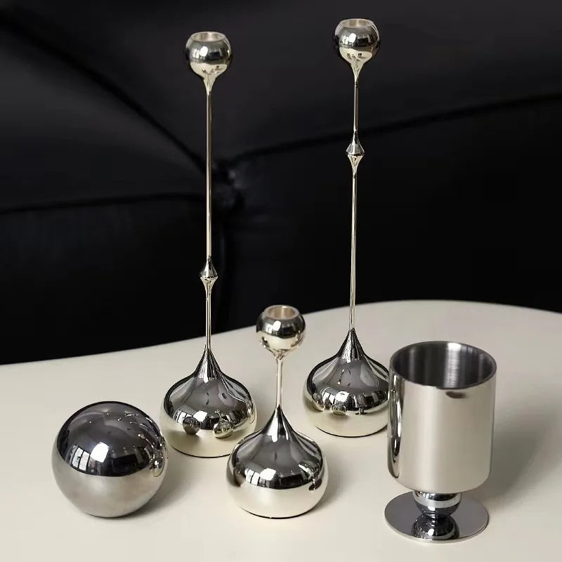 Elegant Chrome Drop Dining Candle Holder Set - Modern Table Centerpiece for Romantic Dinners, Wedding Decor & Home Ambiance Lighting