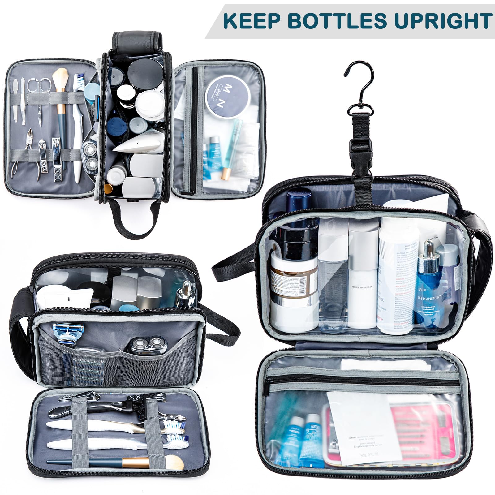 BAGSPRITE Large Water-resistant Hanging Toiletry Bag for Men & Women - Travel Makeup Cosmetic Organizer with Hook, Shaving Kit & Bathroom Essentials - Perfect for Air Travel, Gym, Camping & Vacation