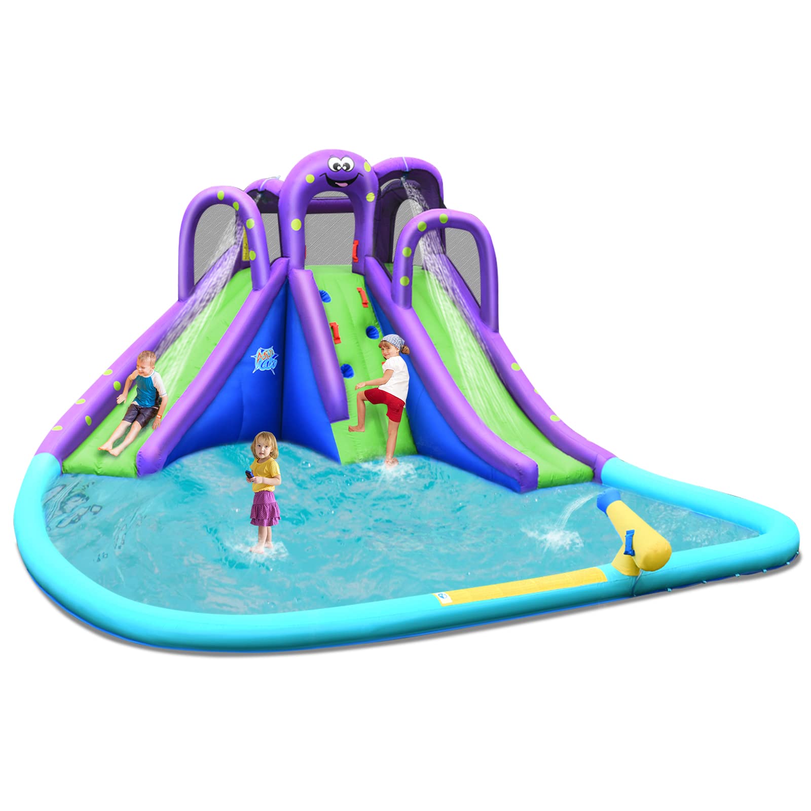 OLAKIDS Inflatable Water Slide - Octopus Themed Bounce House with 2 Slides, Splash Pool, Climbing Wall & Water Gun | Outdoor Water Play for Kids Birthday Parties, Summer Backyard Fun, Family Gatherings | Includes Hose, Carry Bag, Repair Kit & Stakes