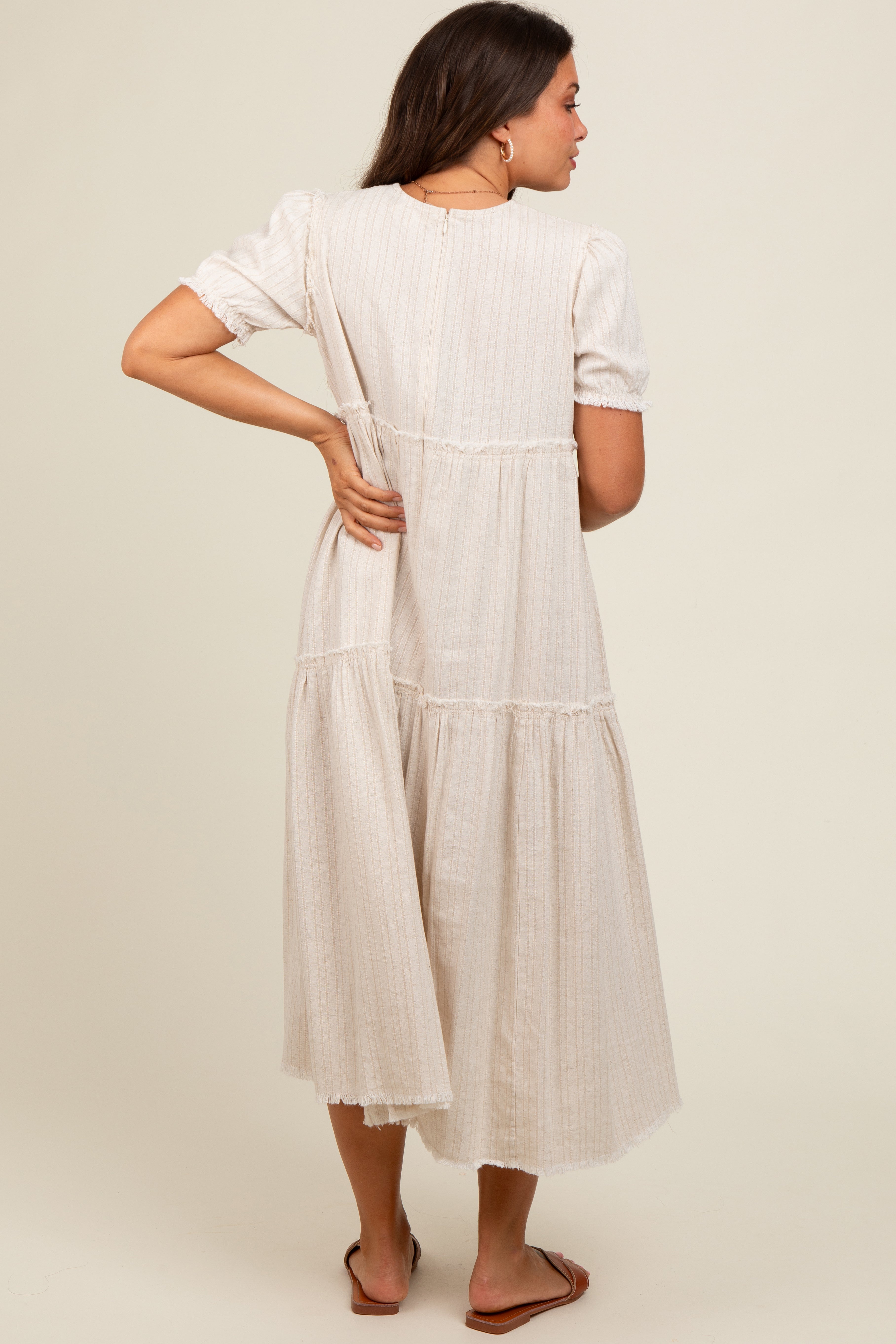 Beige Striped Fringe Accent Tiered Maternity Maxi Dress for Pregnancy, Nursing & Special Occasions | Comfortable Flowy Long Dress for Baby Shower, Beach & Summer Vacation