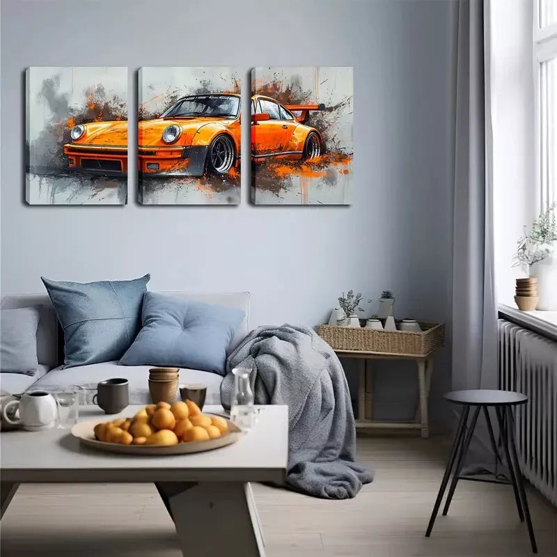 3-Piece Vibrant Orange Sports Car Triptych Wall Art Set - Framed Canvas 40x60cm - High Quality Print - 100% Australian Made - Ready to Hang - Perfect for Man Cave, Garage Decor, Living Room & Office Wall Art