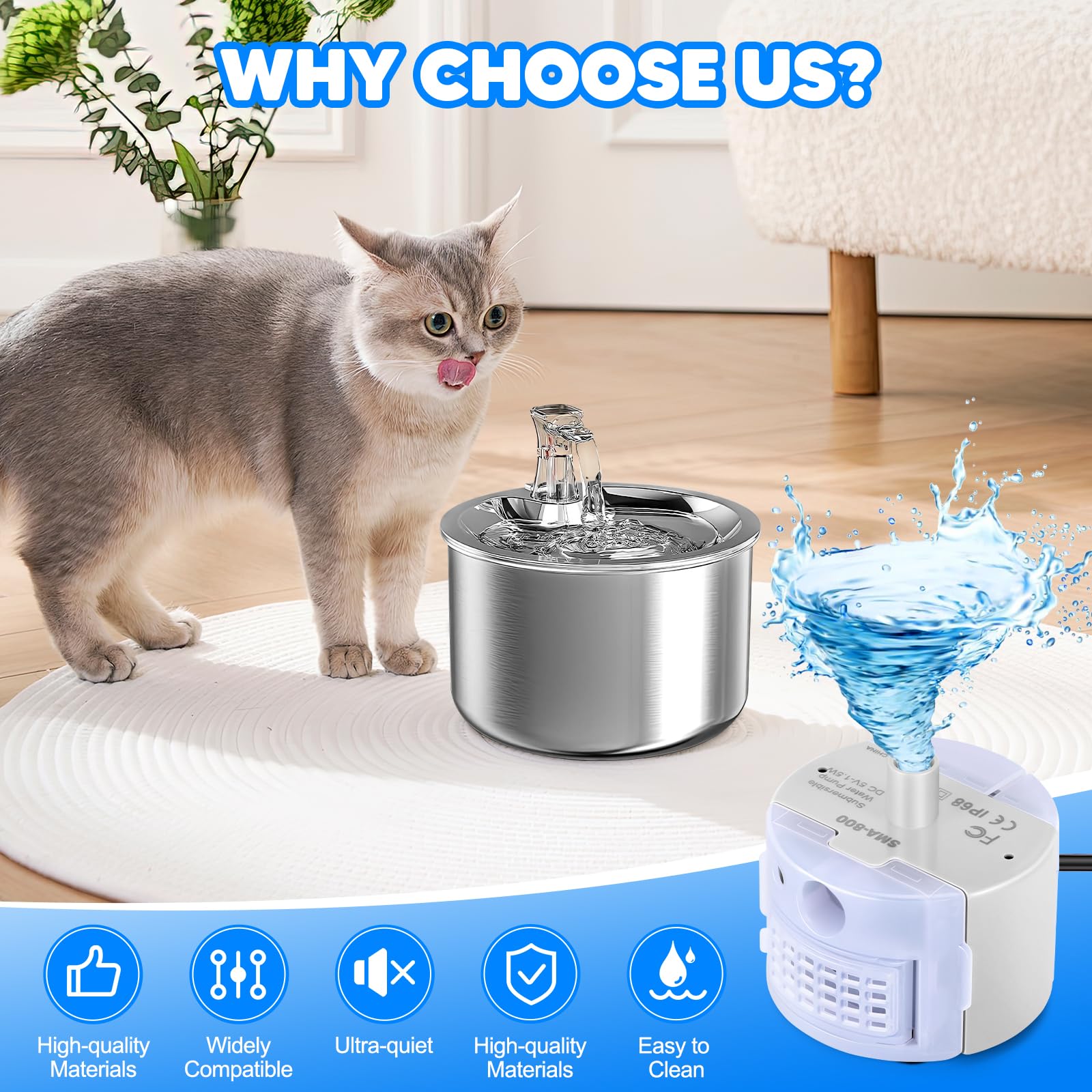 Ultra-Quiet USB DC 5V Cat Water Fountain Pump - Safe & Easy Clean Replacement Pump for Stainless Steel Pet Water Dispenser (White) | Perfect for Home, Office, or Travel Use with Cats