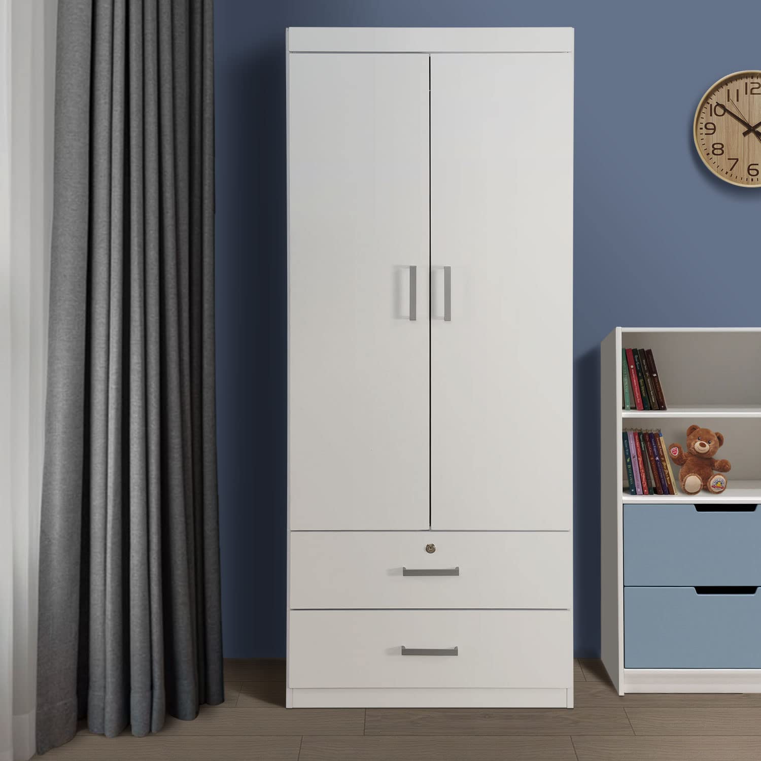 Homy Casa 2-Door Wardrobe Armoire with Adjustable Shelf, Hanging Rod & Drawers - Modern Bedroom Closet Storage Cabinet for Clothes, Shoes & Accessories - Perfect for Small Spaces, Apartments & Dorm Rooms (White)