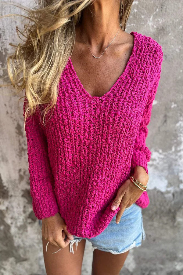 Solid Color V-Neck Long Sleeve Loose Knit Sweater for Women - Cozy Casual Pullover for Fall & Winter Outfits, Office Wear and Weekend Relaxation