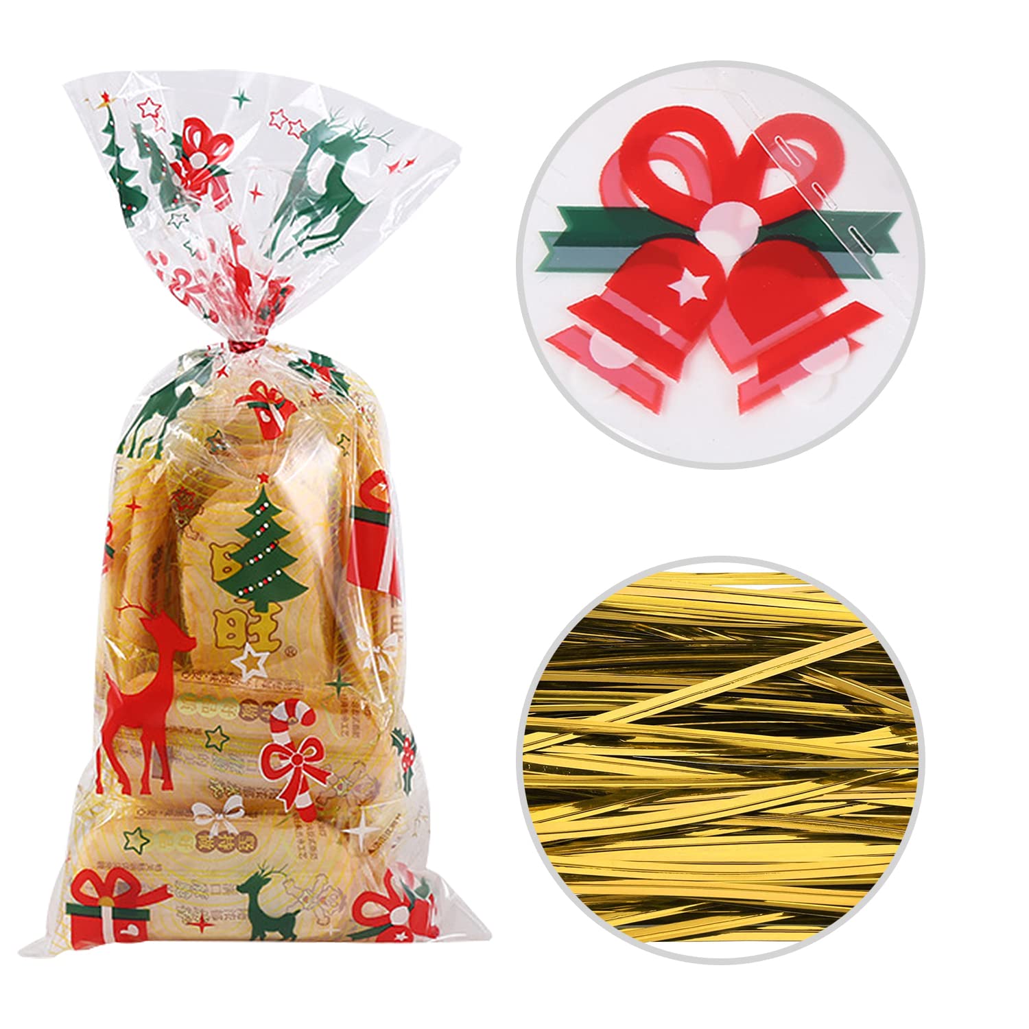 Maykah 200pcs Christmas Cellophane Treat Bags - Iridescent Candy Goodie Bags with Twist Ties for Holiday Parties, Gift Wrapping & Home Decor | Perfect for Xmas Gifts, Stocking Stuffers & Festive Treats