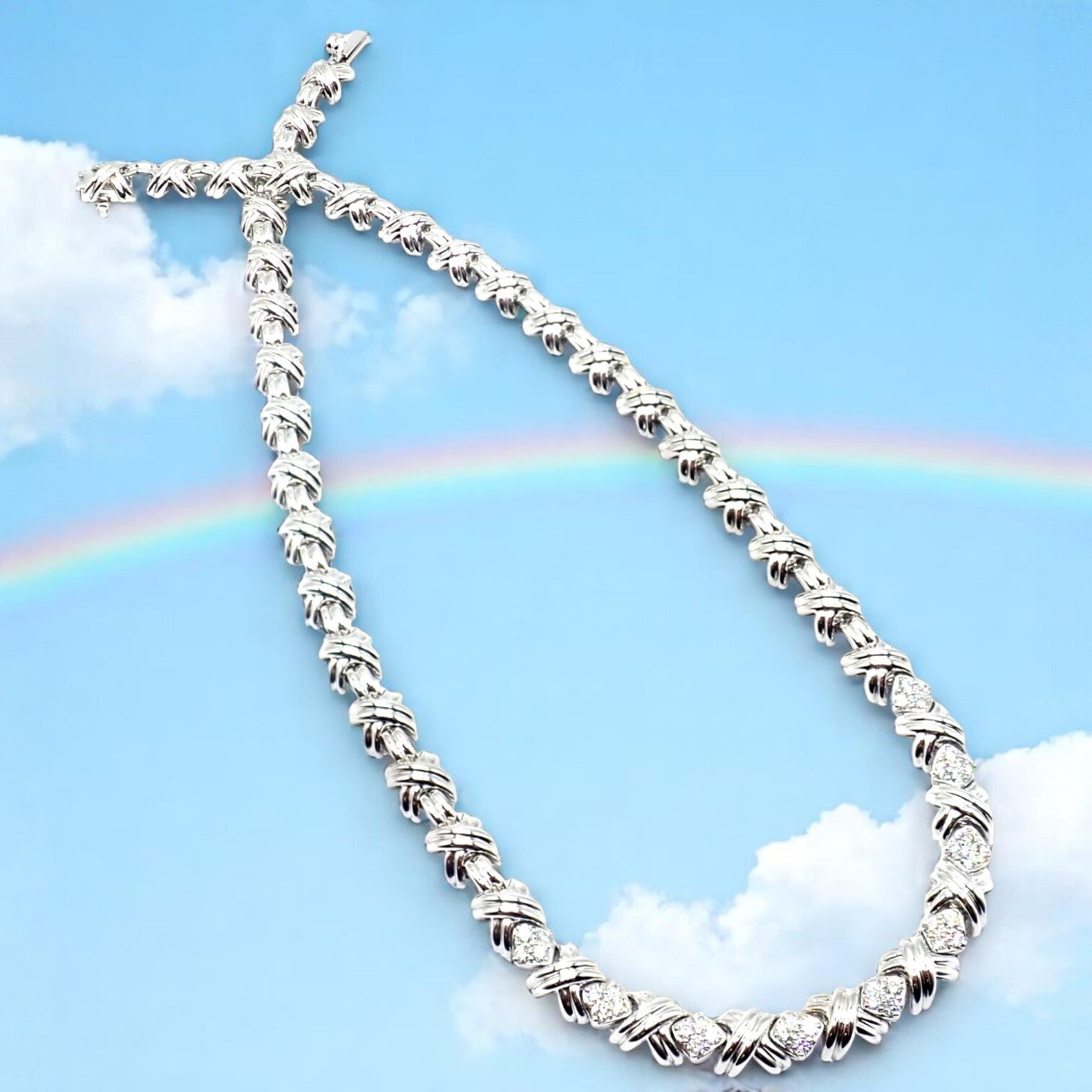 Authentic Tiffany & Co 18k White Gold Diamond Cluster Signature X Link Necklace for Women - Elegant Gift for Anniversary, Wedding & Special Occasions