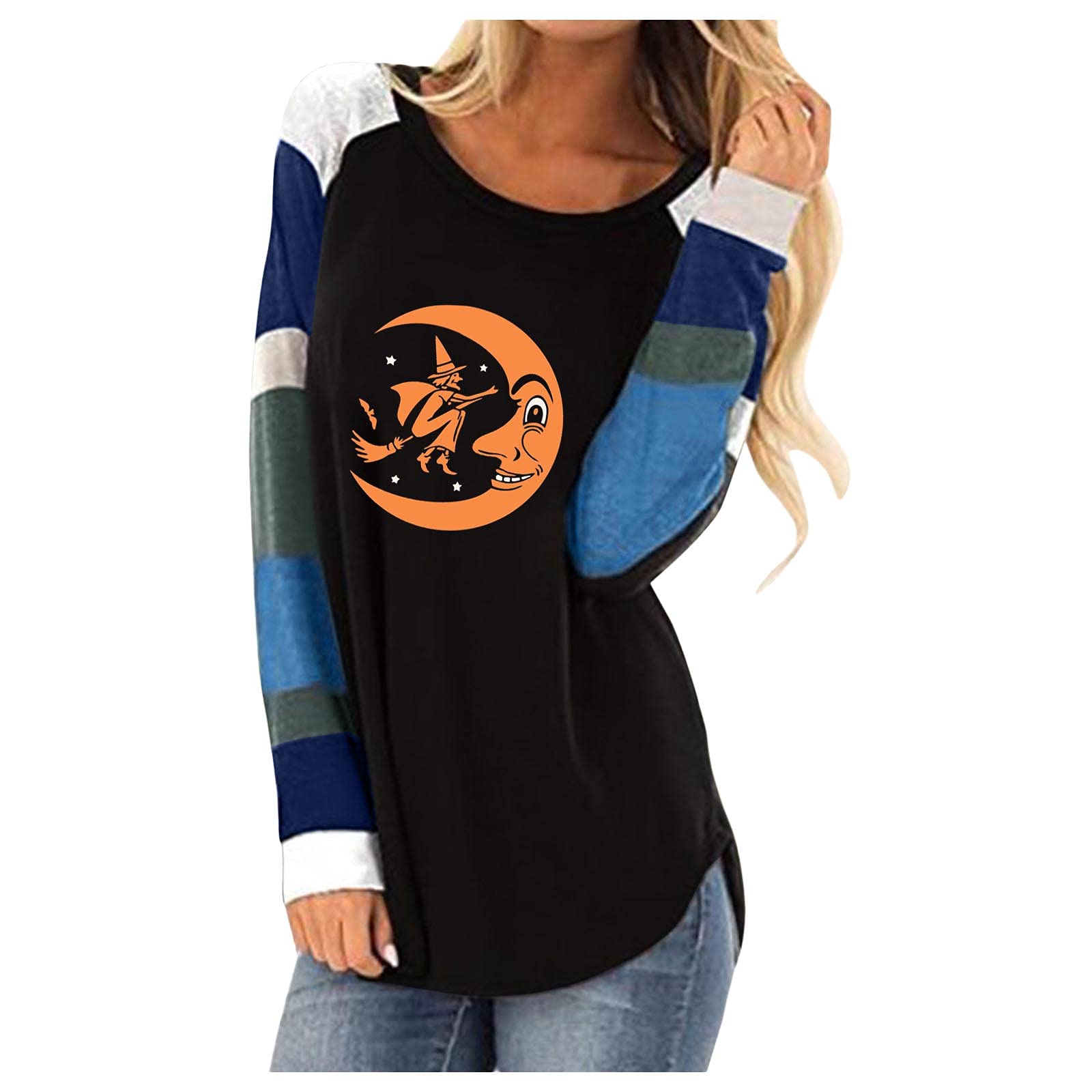 Felwors Women's Halloween Costume - Colorblock Crewneck Vintage Print Long Sleeve T-Shirt | Casual Halloween Party Outfit for Women | Perfect for Trick-or-Treating, Costume Parties & Spooky Events