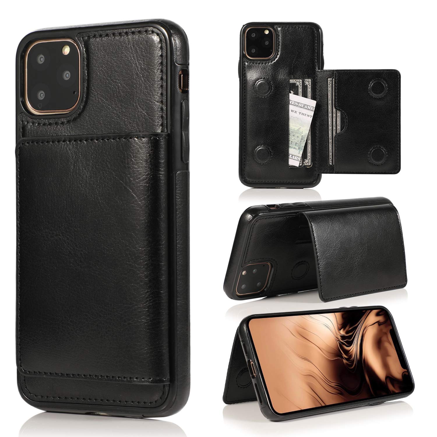 Premium PU Leather Magnetic Wallet Case for iPhone 11 Pro Max (6.5 inch 2019) - Shockproof Flip Cover with Card Slots & Kickstand | Perfect for Daily Use, Travel & Business Protection (Black)