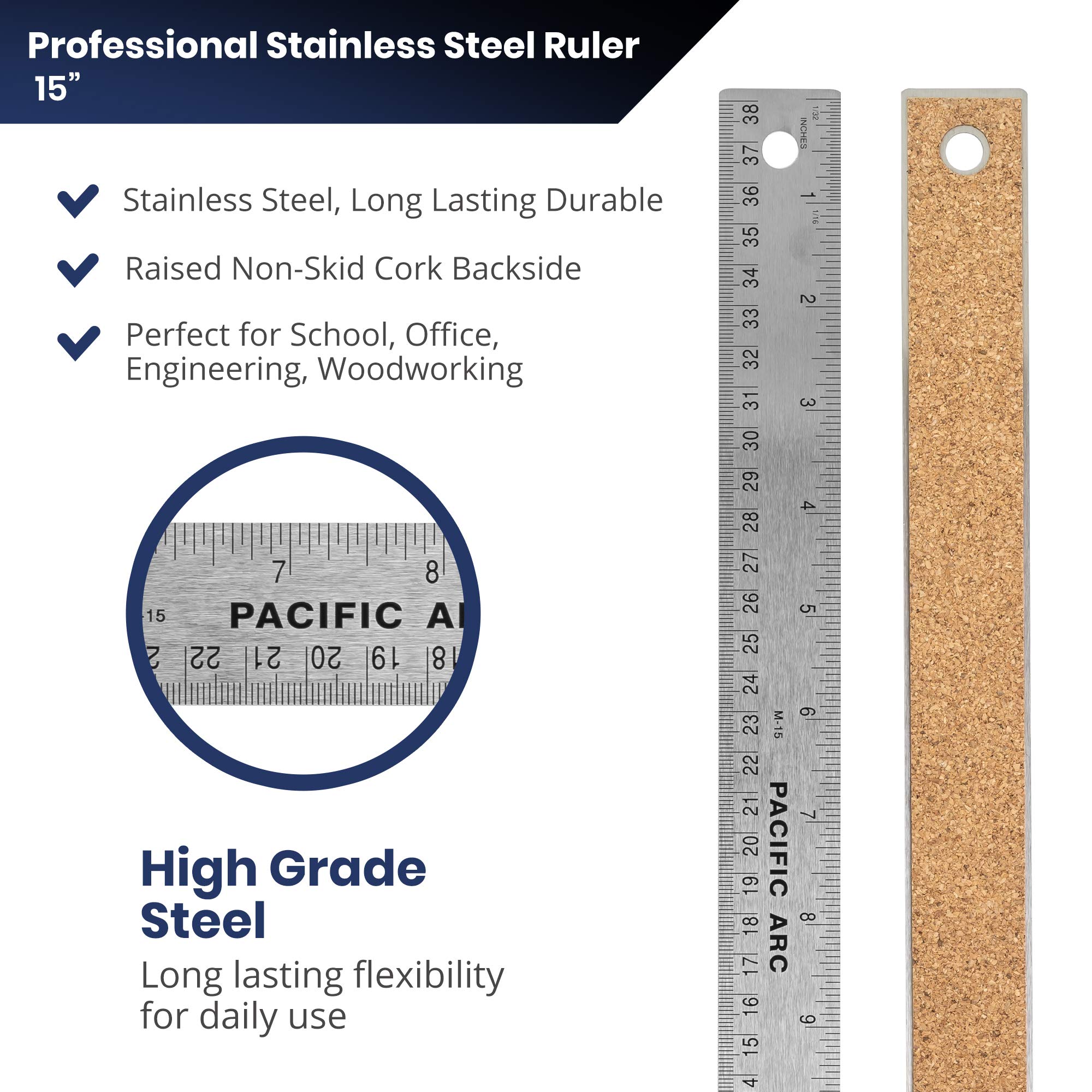 Pacific Arc 15 Inch Stainless Steel Ruler with Non-Slip Cork Back - Dual Inch & Metric Scale for Precision Measuring | Perfect for Engineering, Drafting, School & Office Use